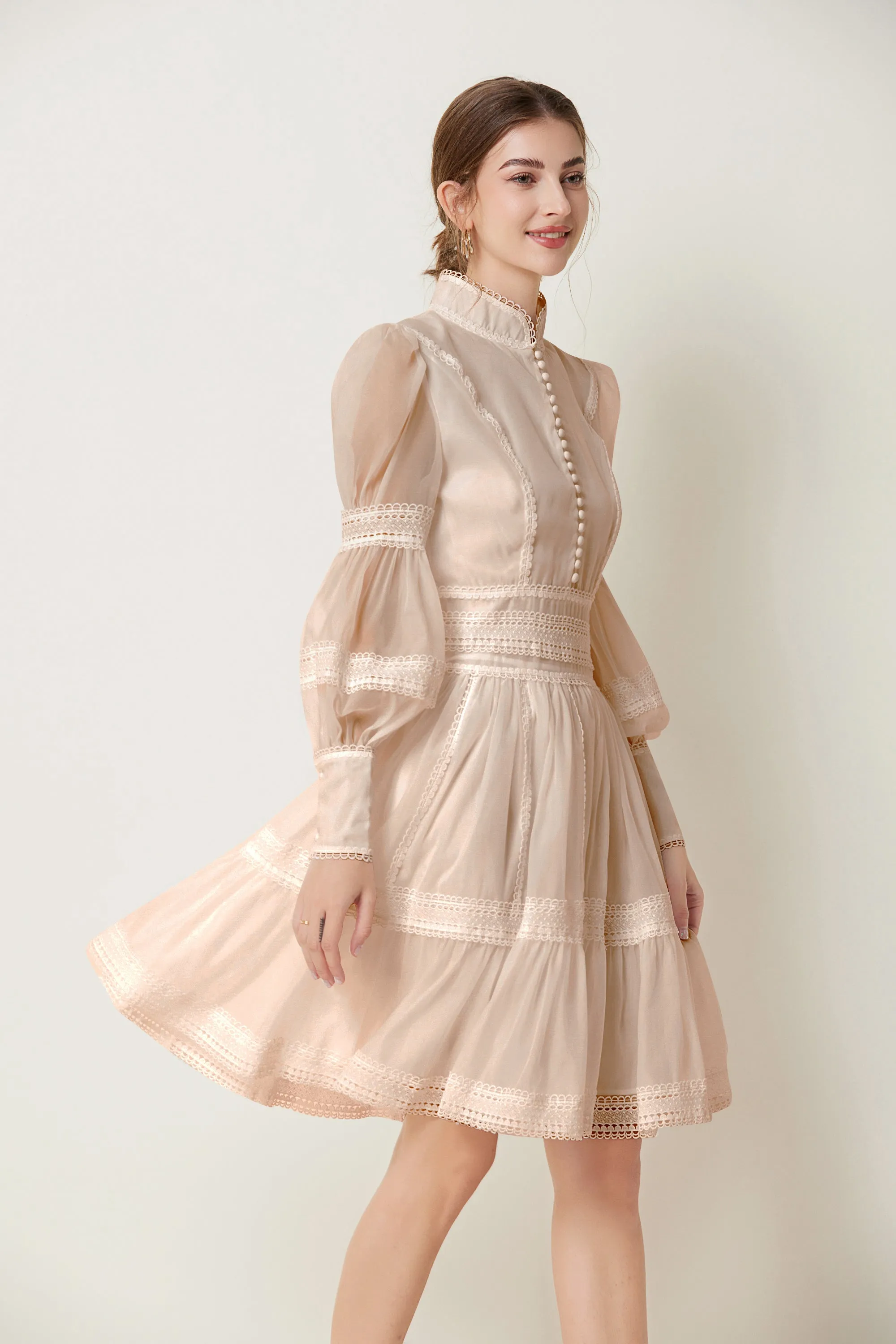 BK-Organza Lace Puff Sleeve Mini Dress