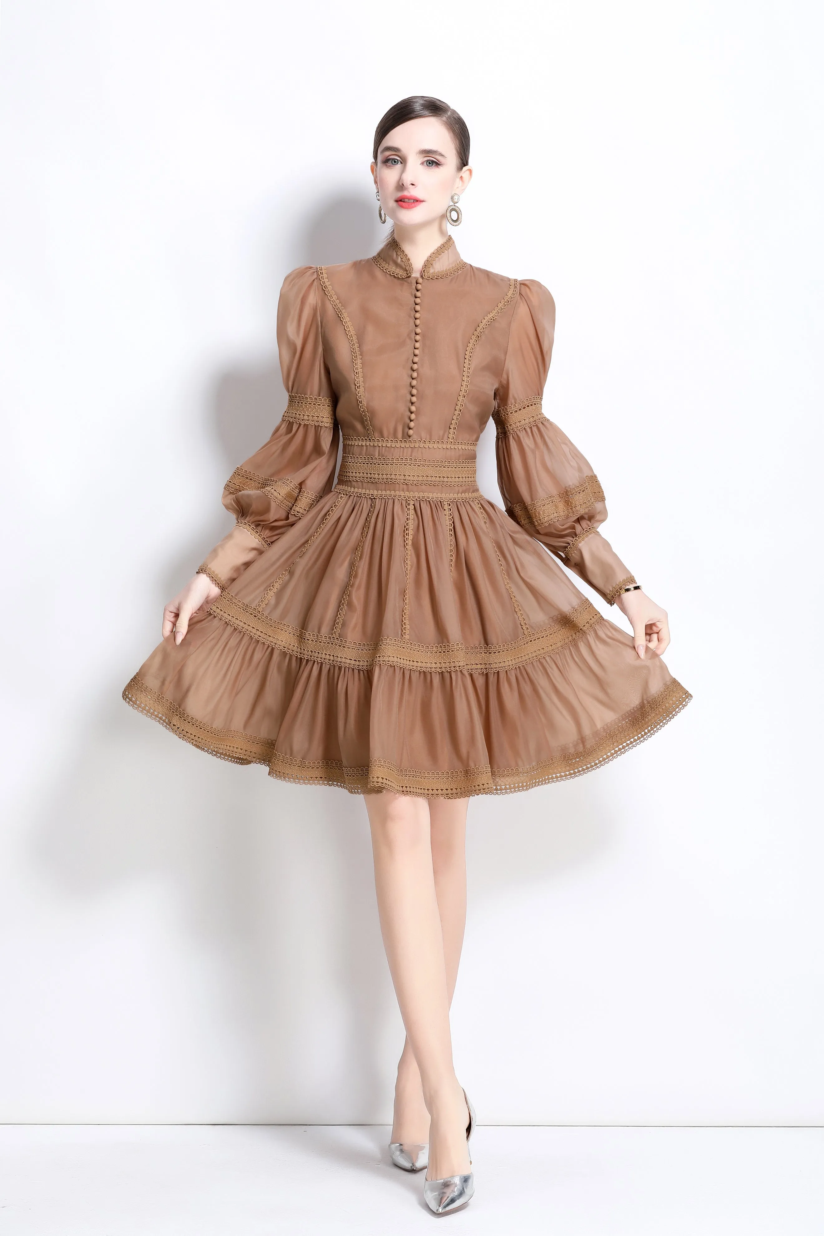 BK-Organza Lace Puff Sleeve Mini Dress