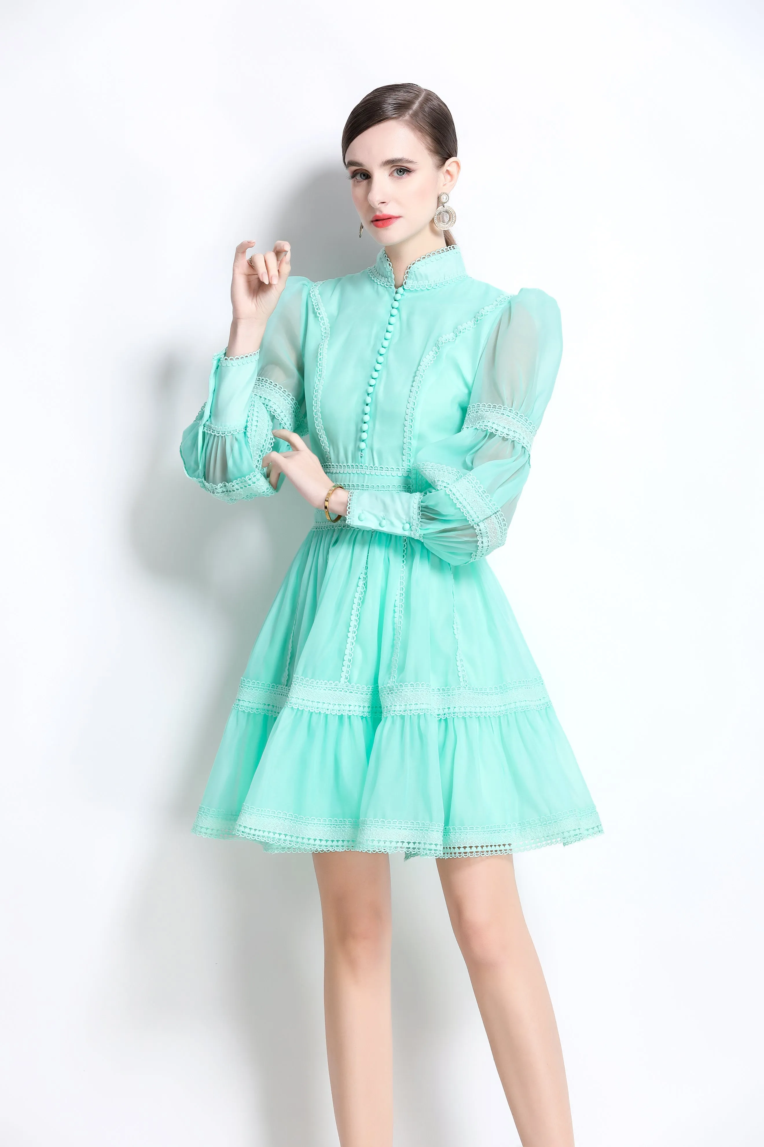 BK-Organza Lace Puff Sleeve Mini Dress