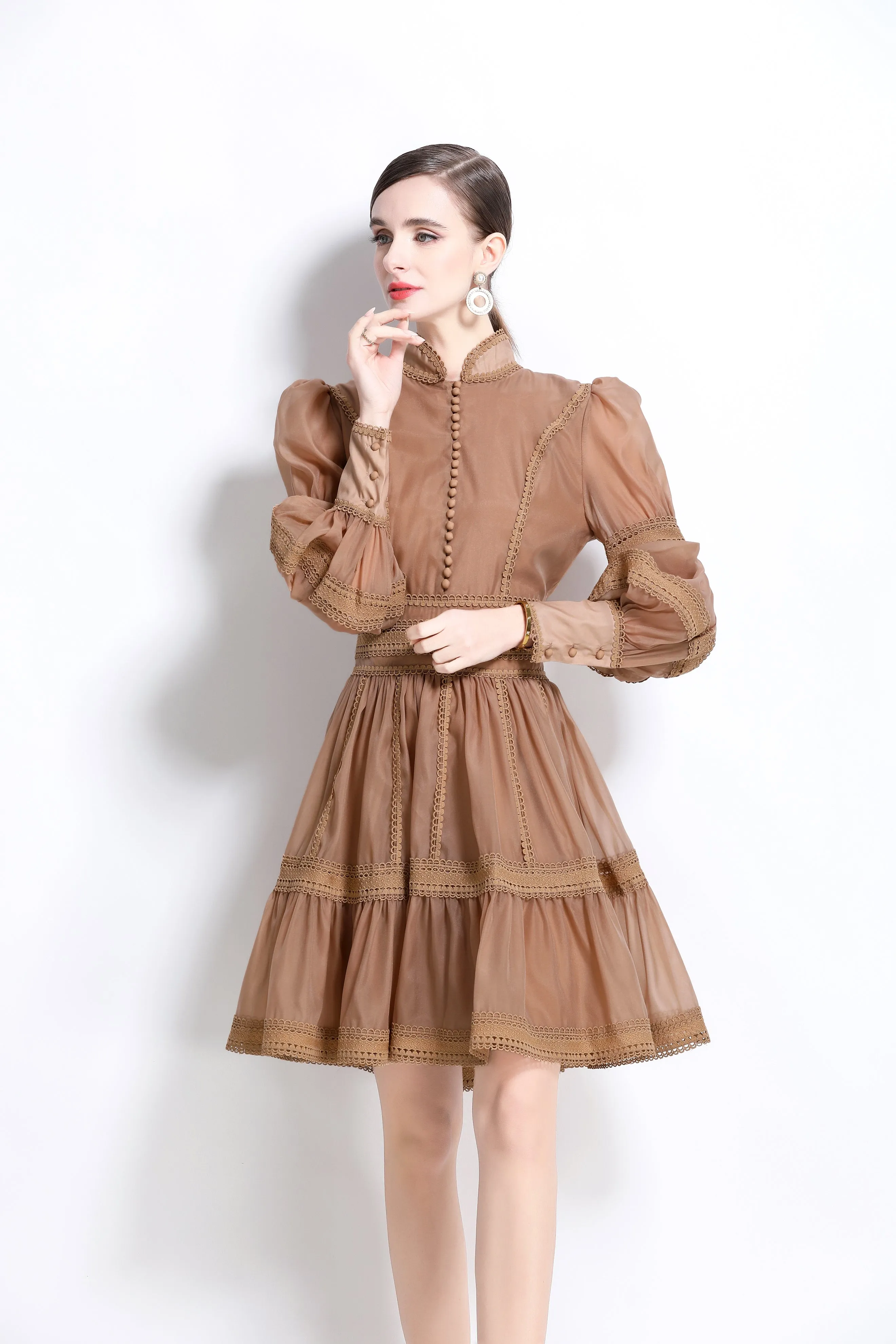 BK-Organza Lace Puff Sleeve Mini Dress