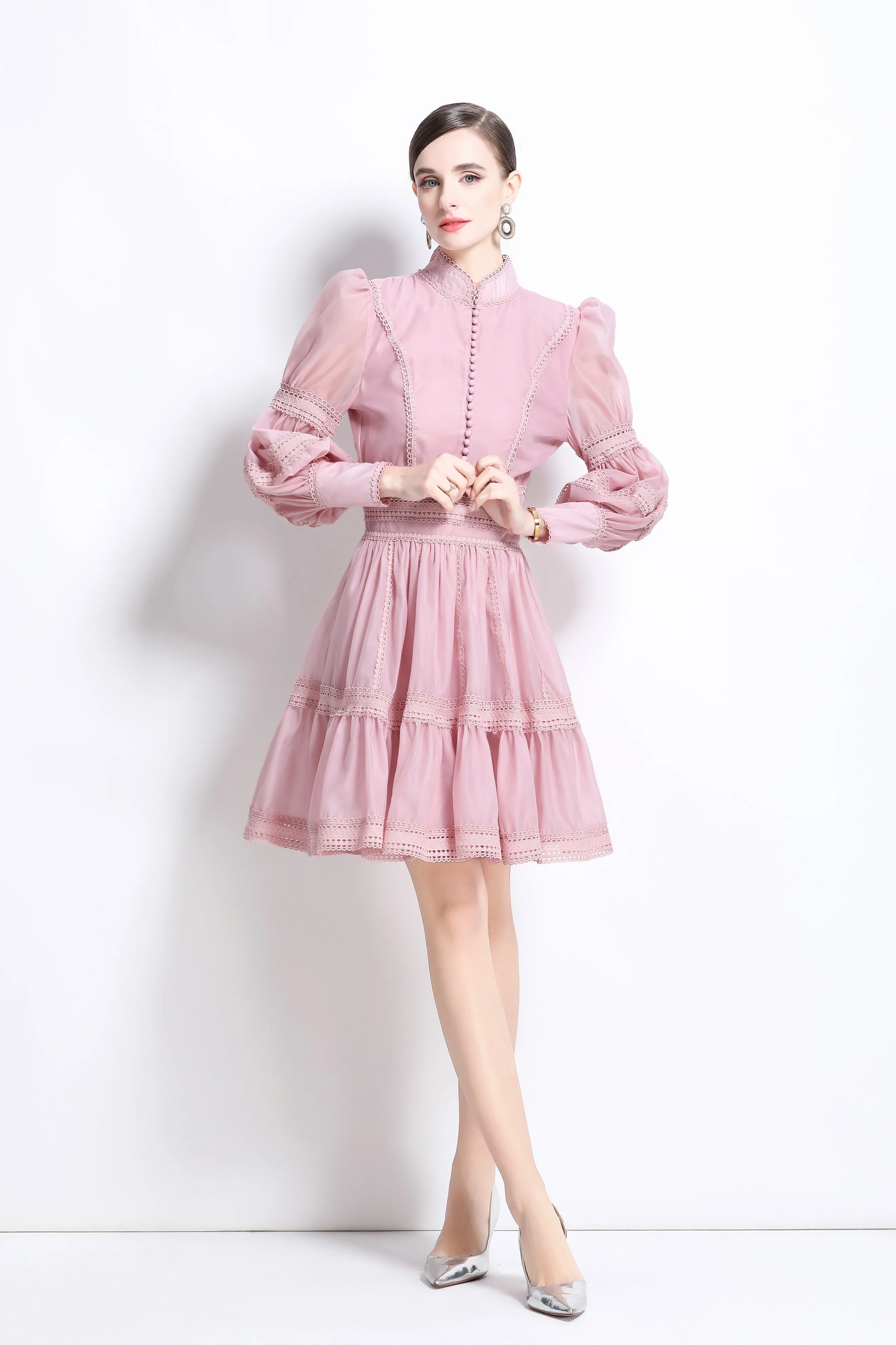 BK-Organza Lace Puff Sleeve Mini Dress