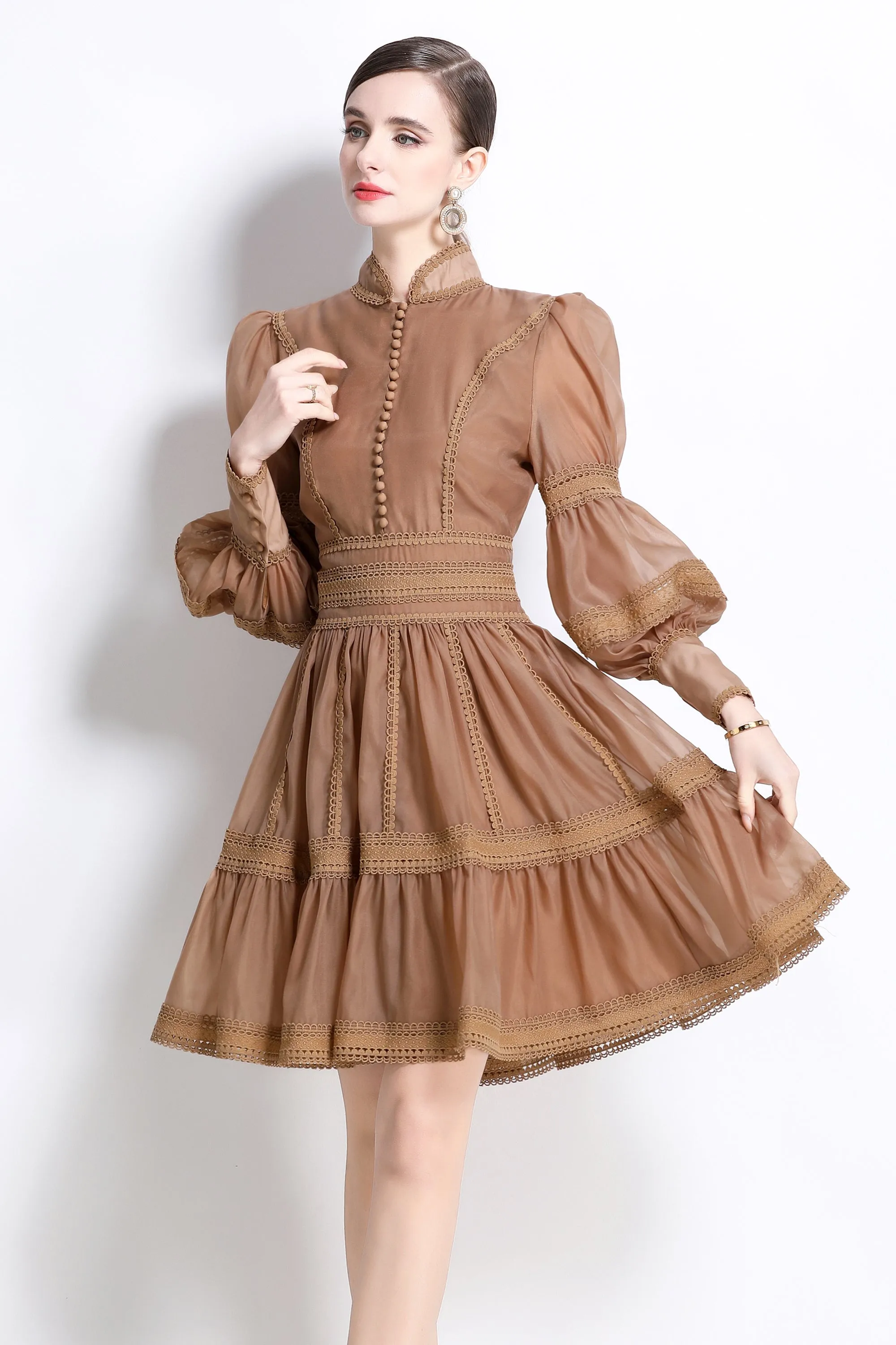 BK-Organza Lace Puff Sleeve Mini Dress