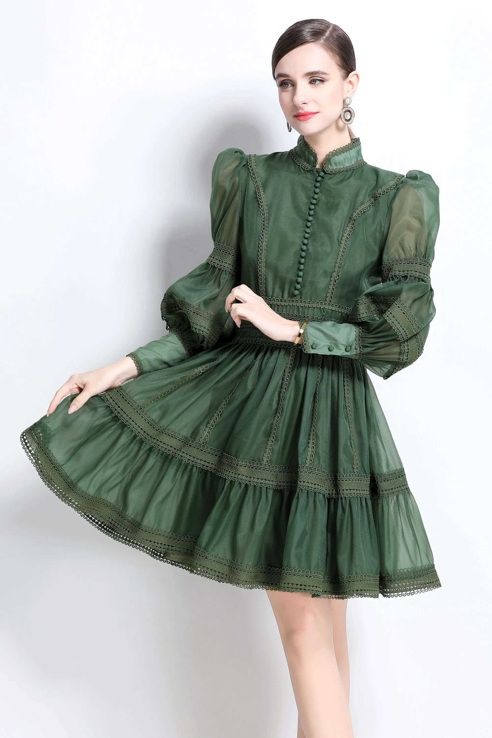 BK-Organza Lace Puff Sleeve Mini Dress