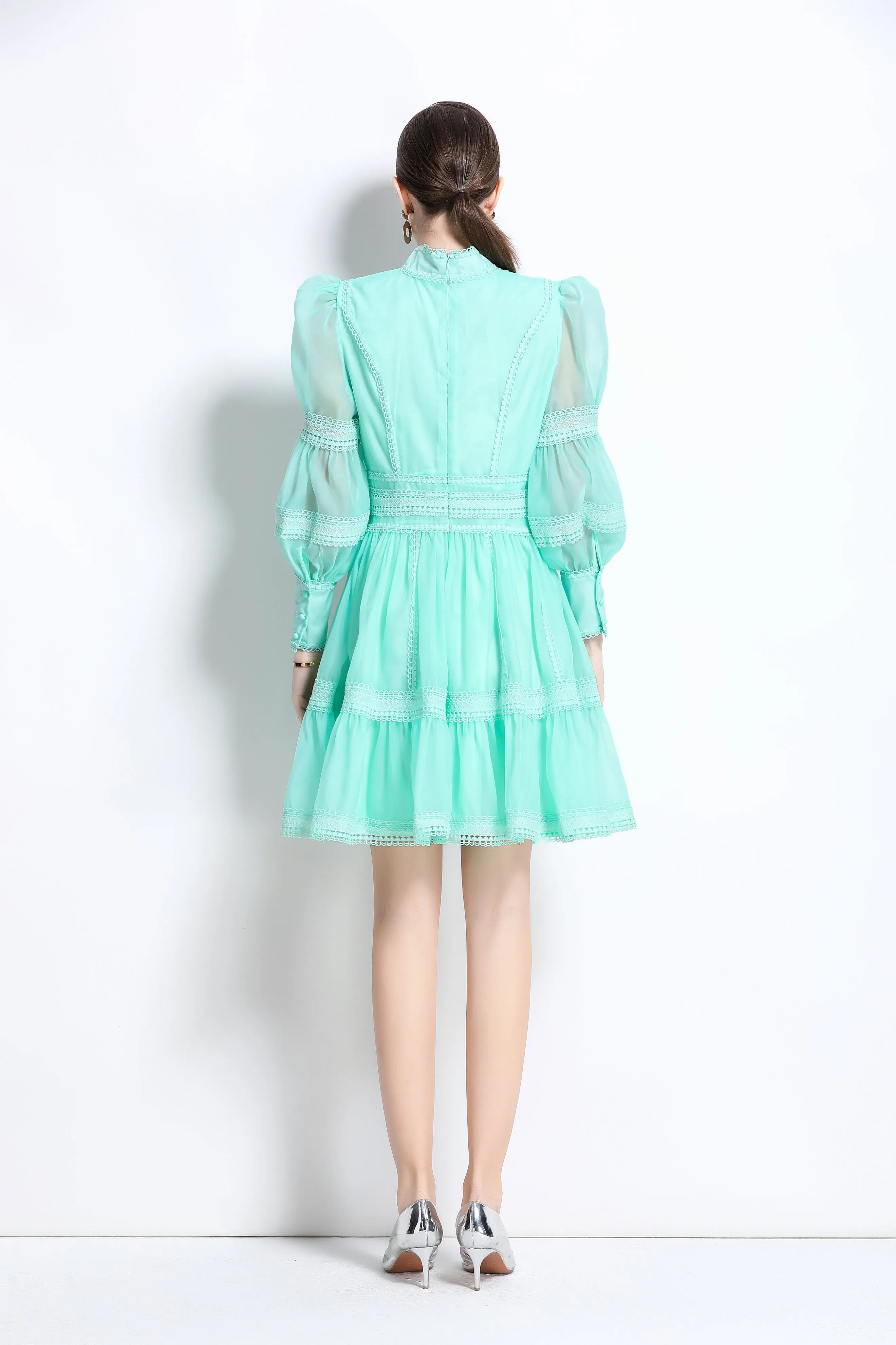 BK-Organza Lace Puff Sleeve Mini Dress