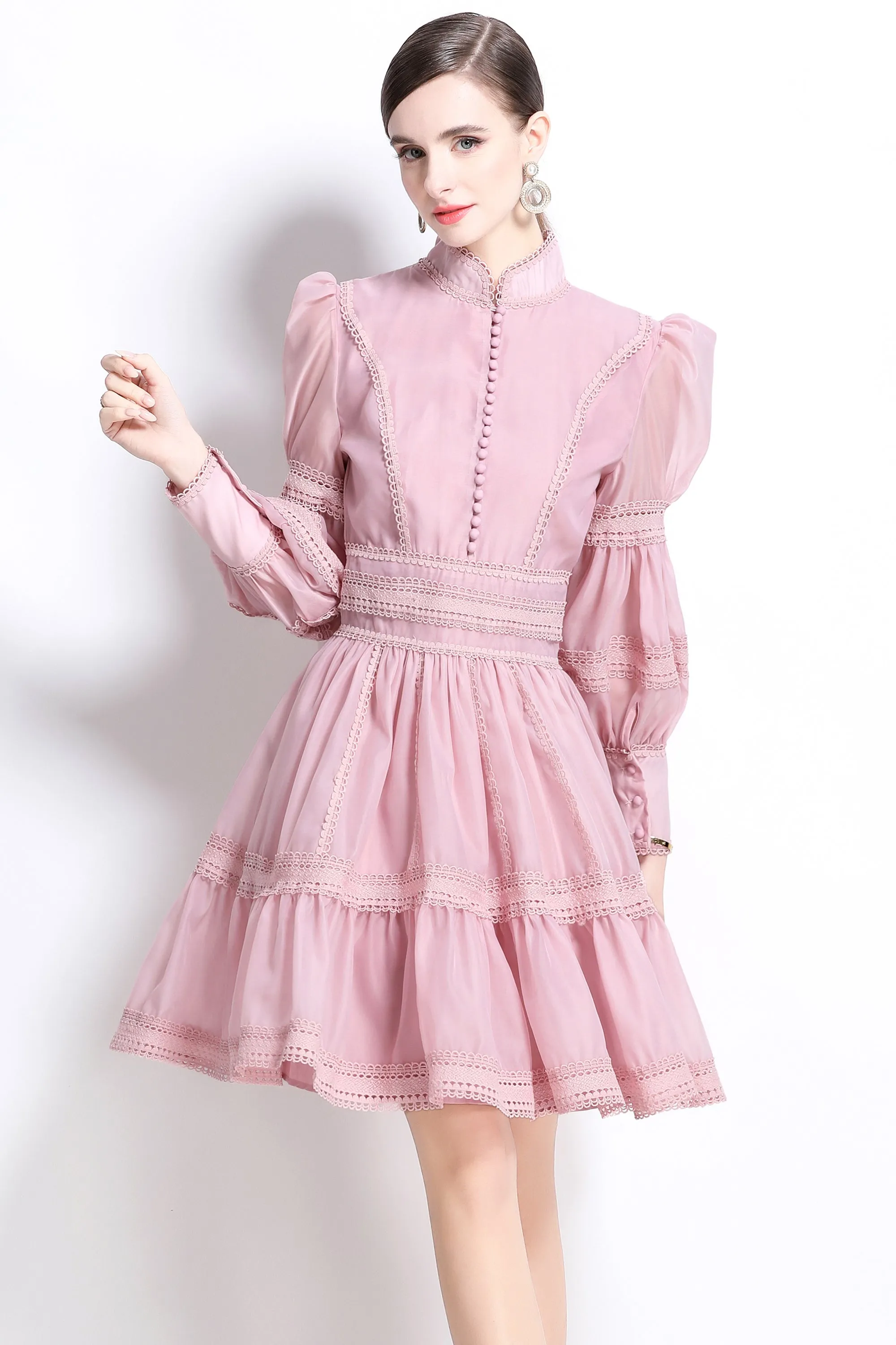 BK-Organza Lace Puff Sleeve Mini Dress