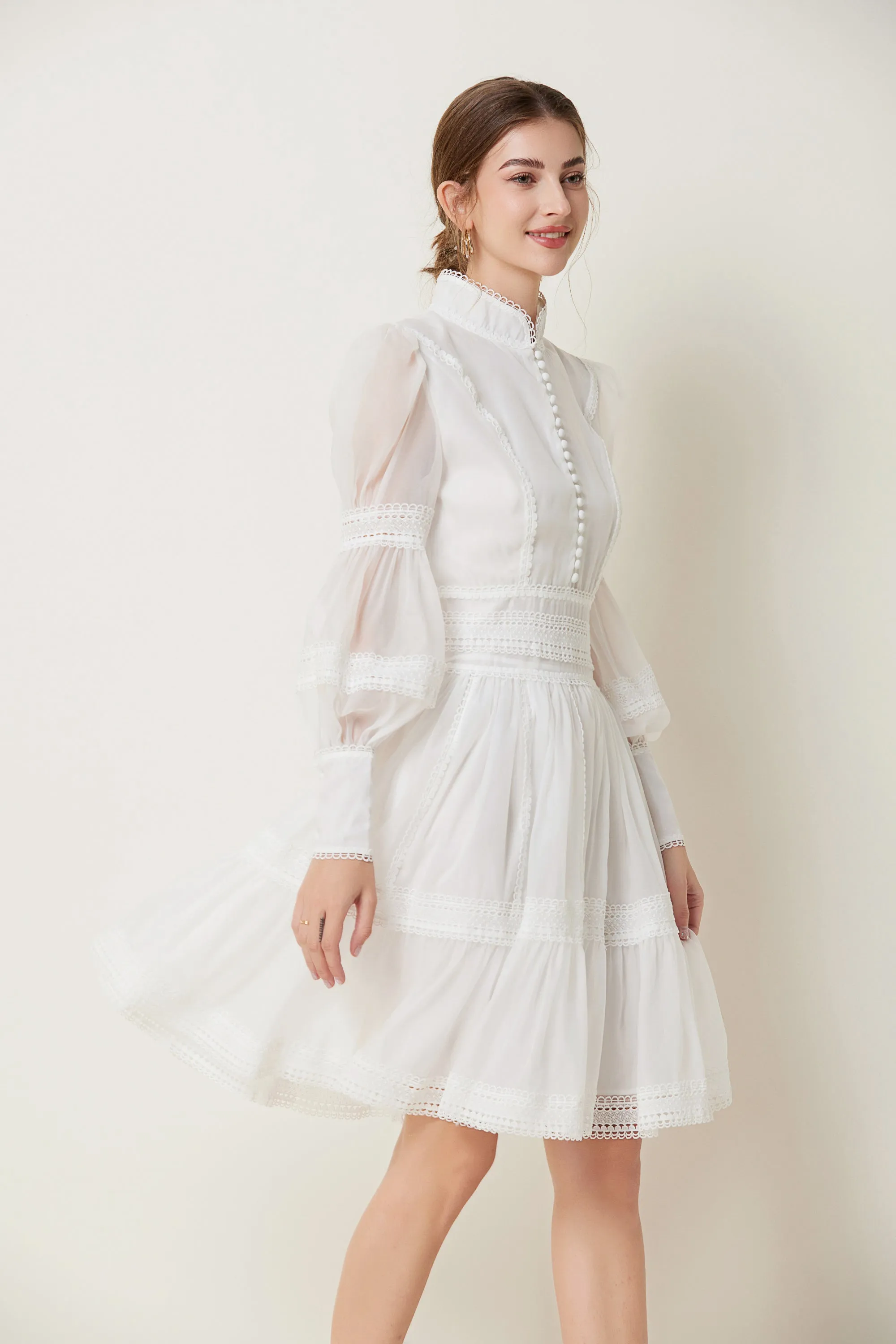 BK-Organza Lace Puff Sleeve Mini Dress