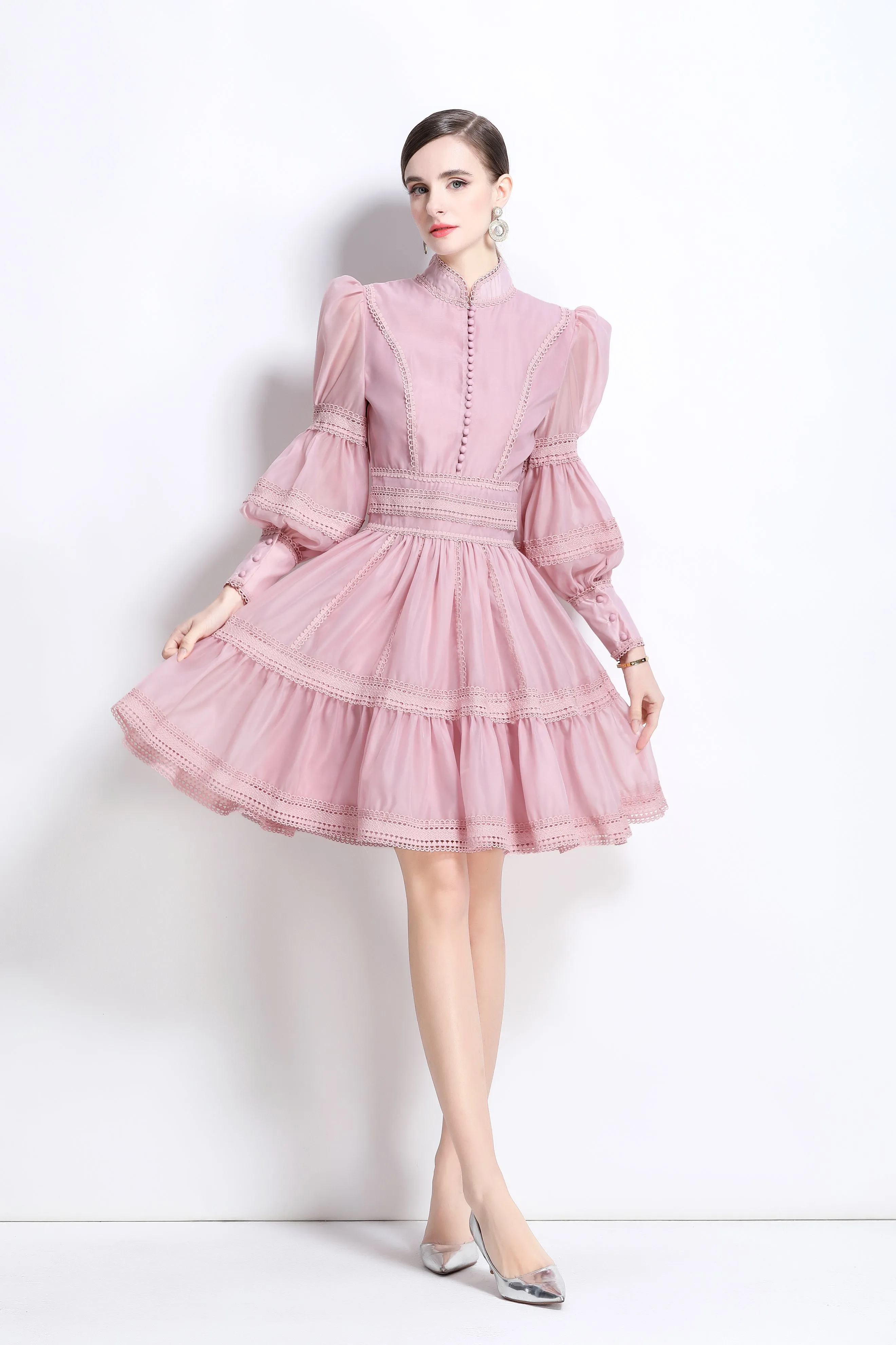 BK-Organza Lace Puff Sleeve Mini Dress