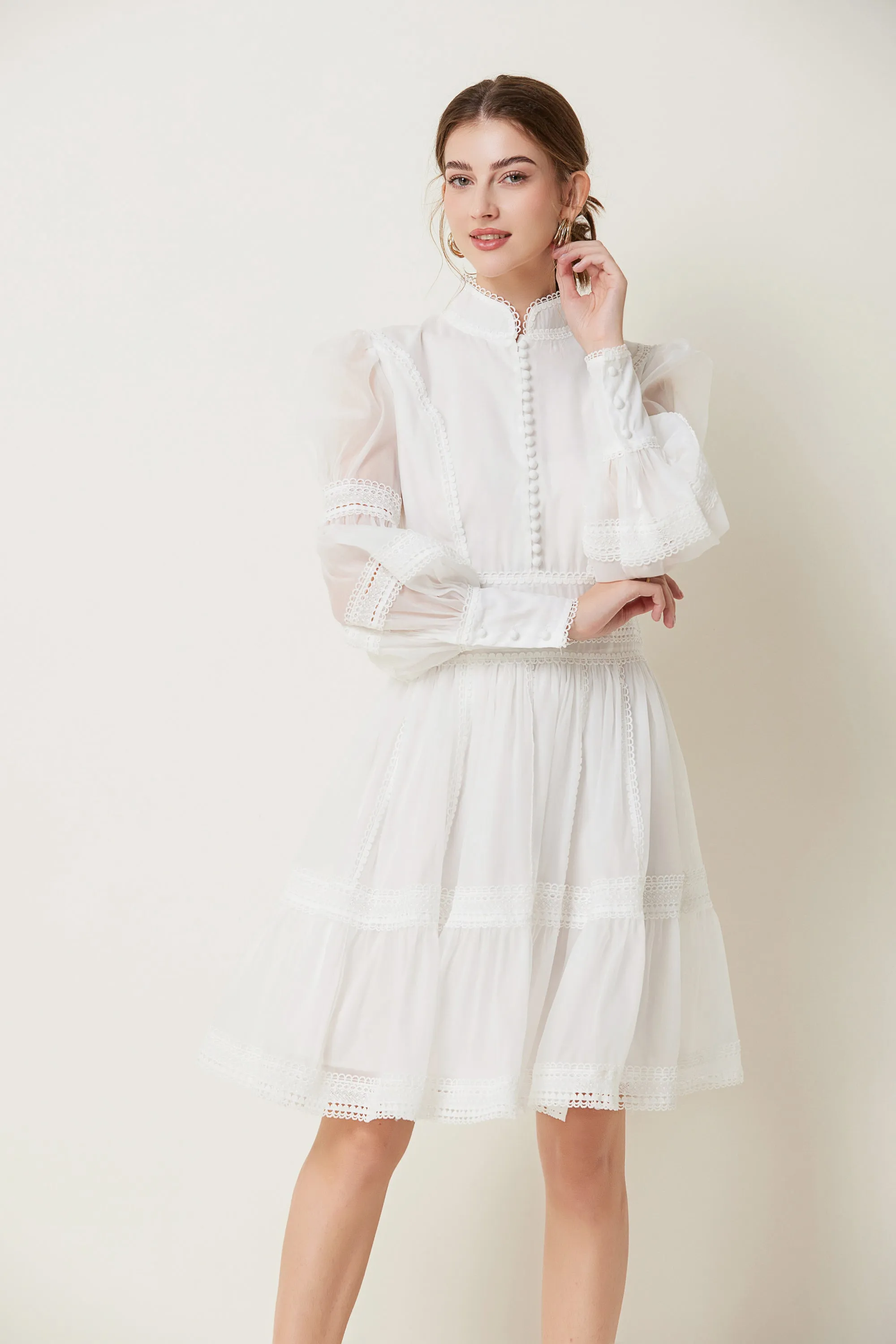 BK-Organza Lace Puff Sleeve Mini Dress