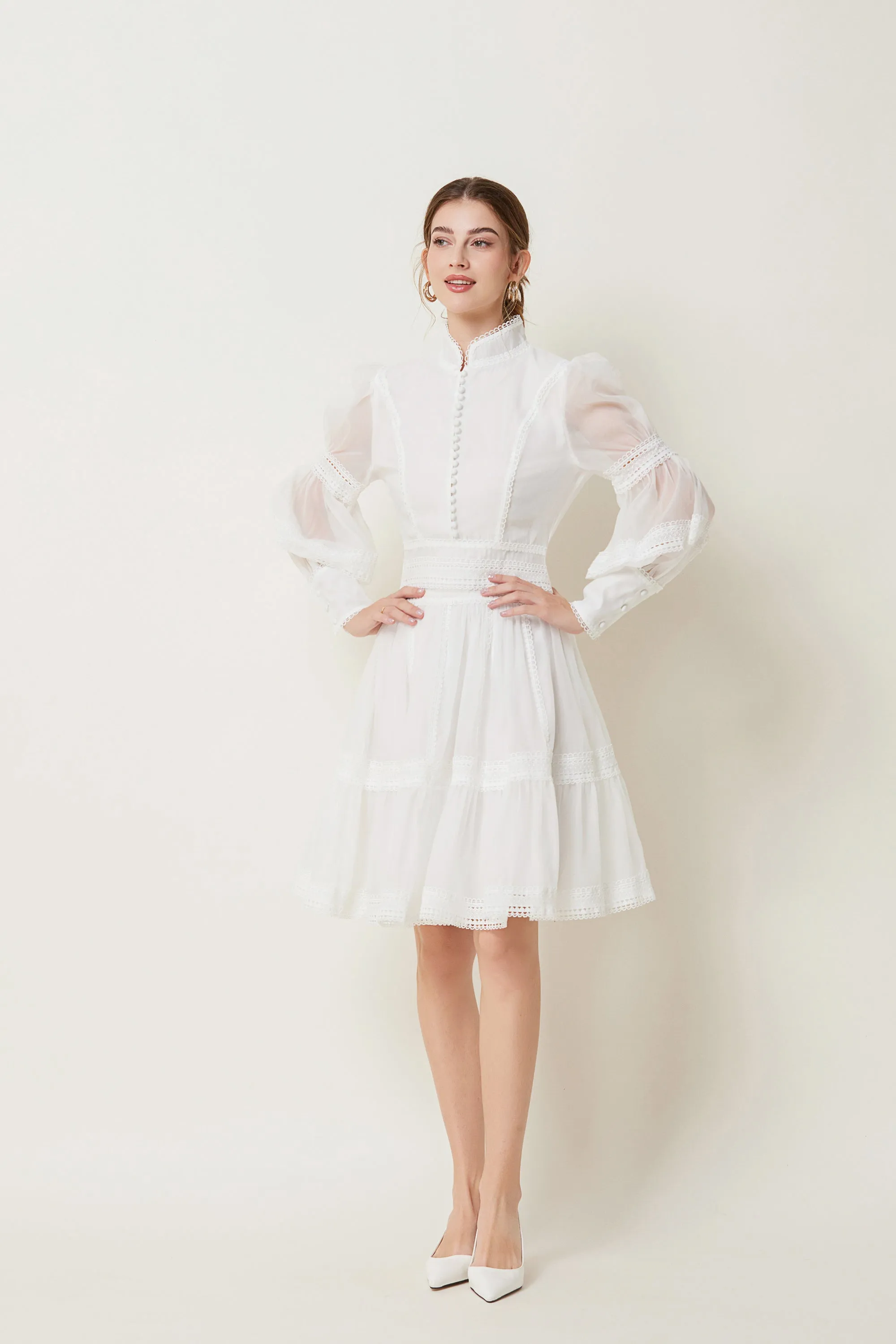 BK-Organza Lace Puff Sleeve Mini Dress