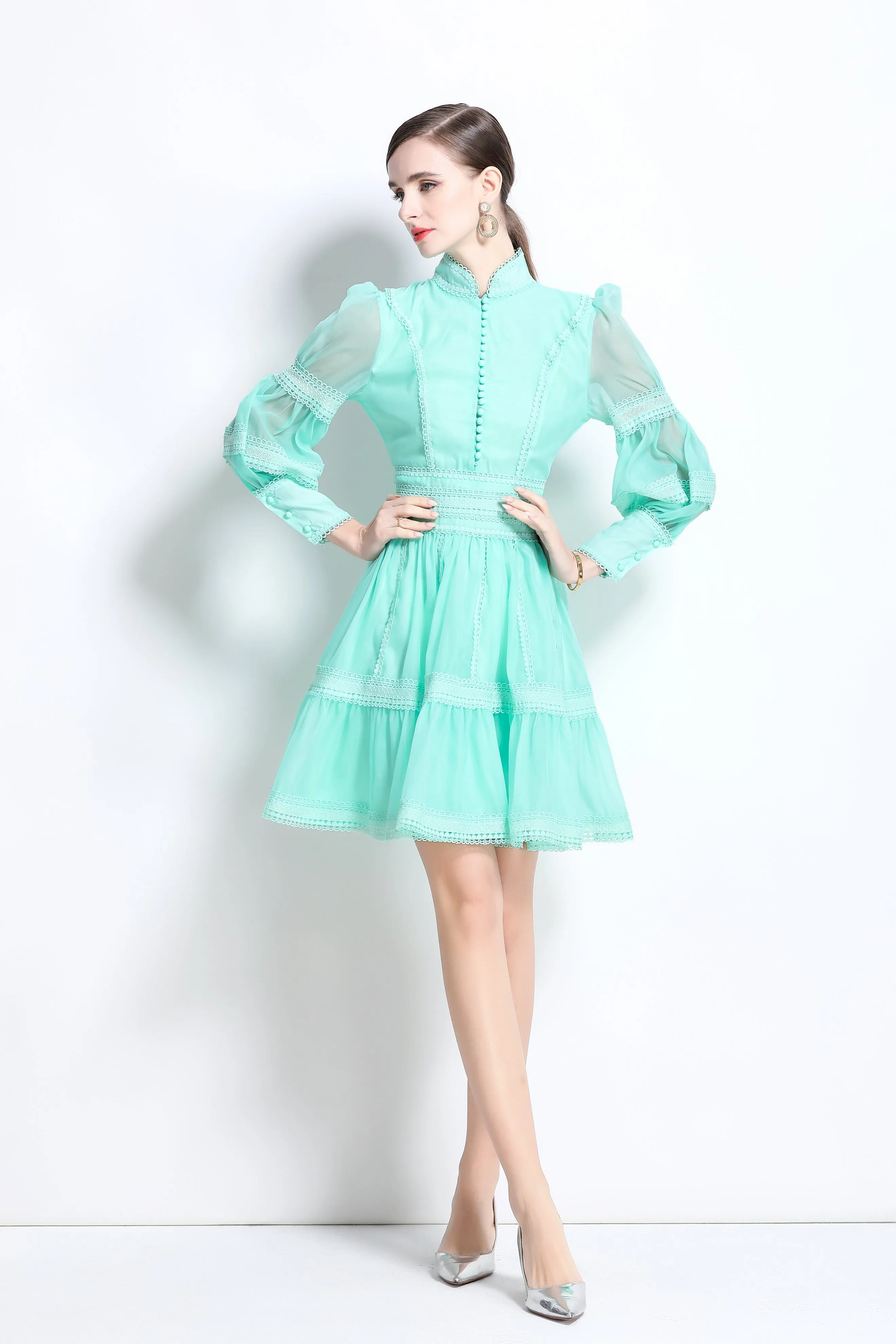 BK-Organza Lace Puff Sleeve Mini Dress