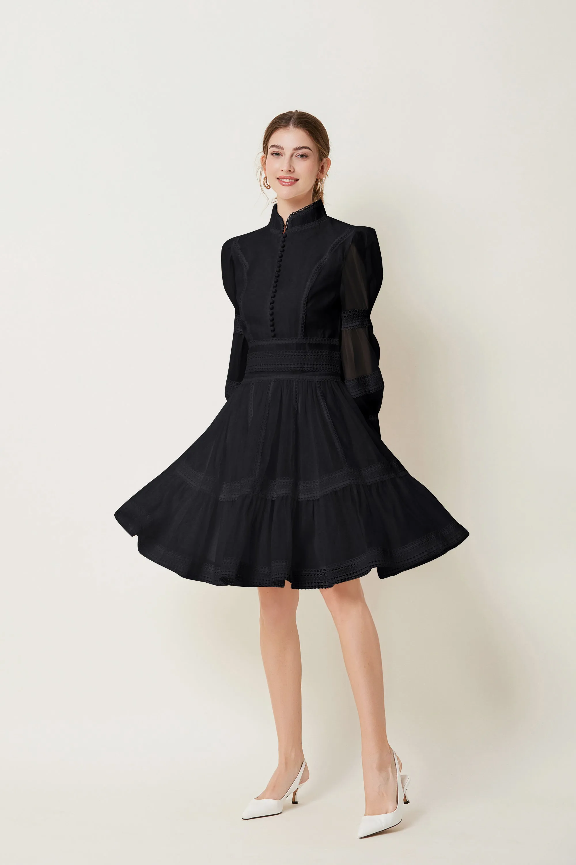 BK-Organza Lace Puff Sleeve Mini Dress
