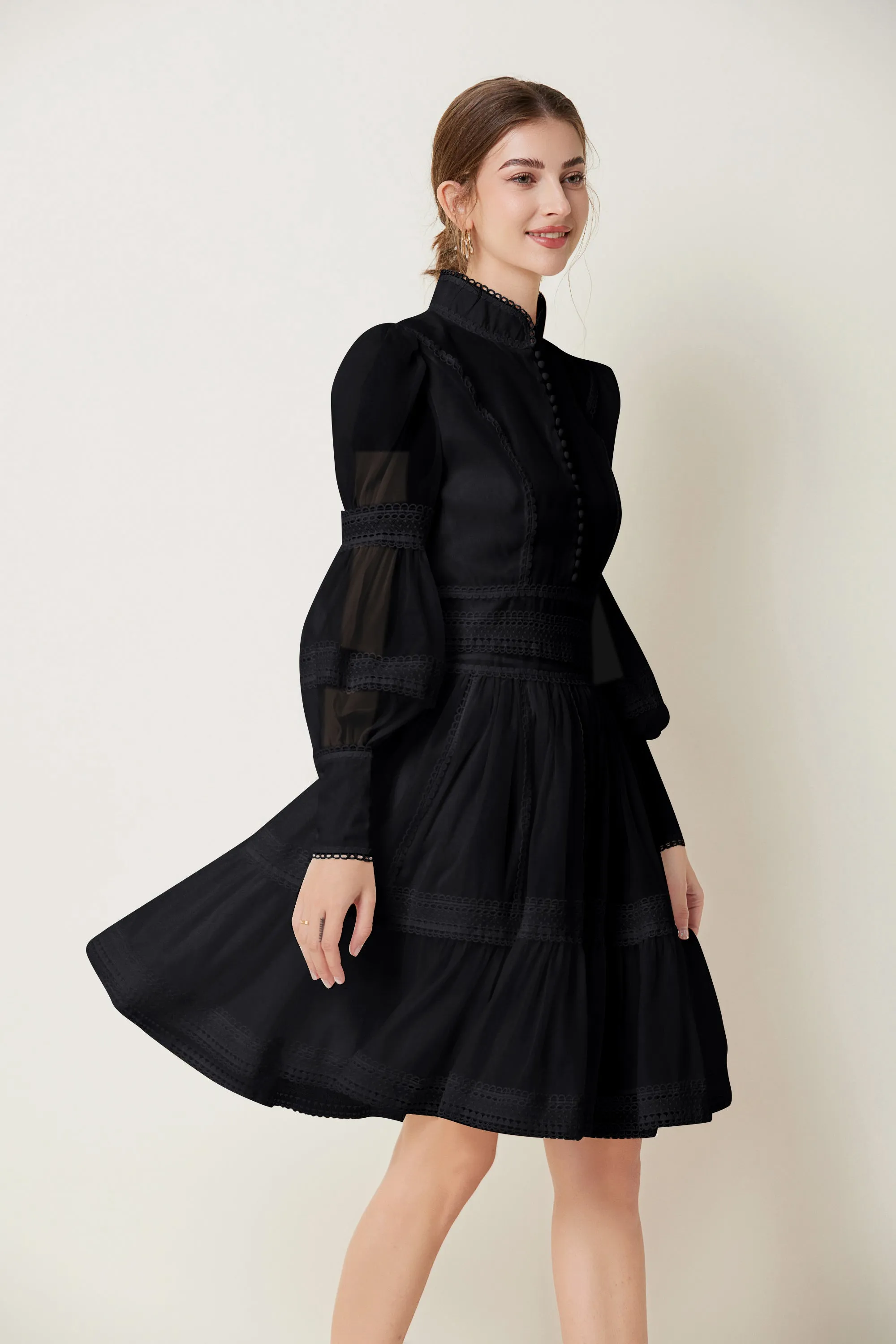 BK-Organza Lace Puff Sleeve Mini Dress