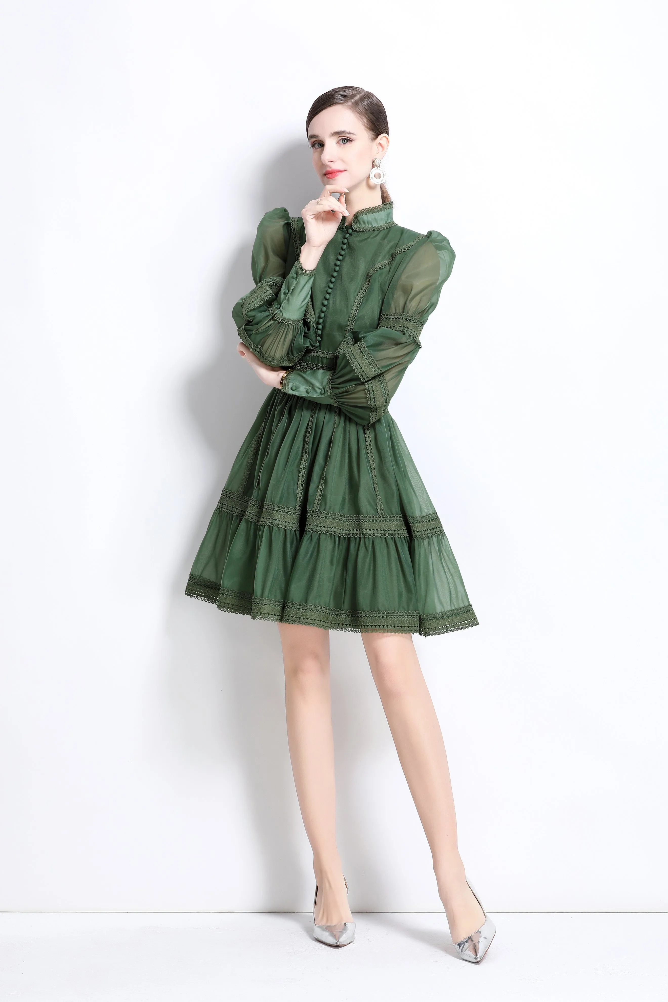 BK-Organza Lace Puff Sleeve Mini Dress