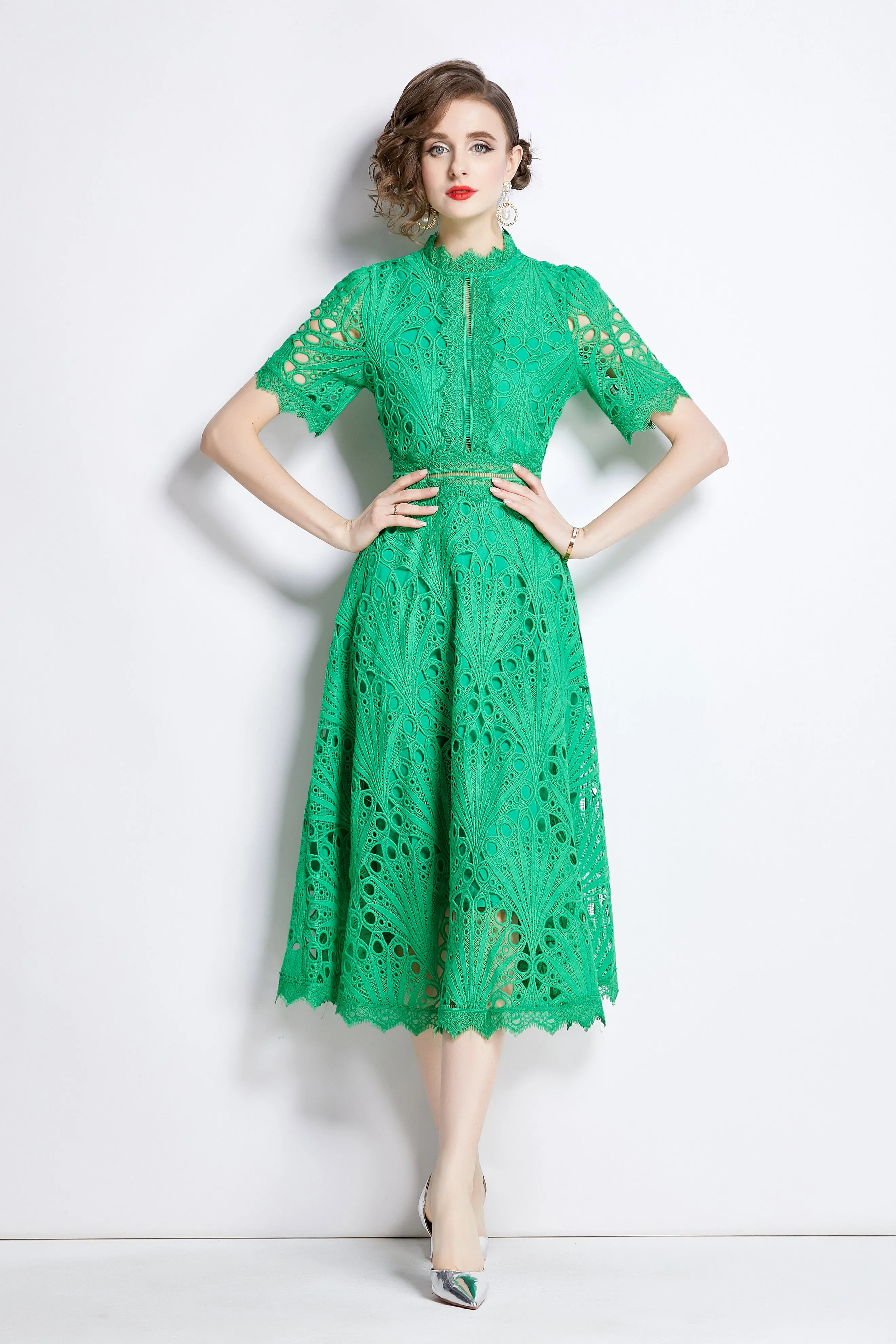 BK-Women's Floral Lace Crew Neck Crochet Waist Midi Dress