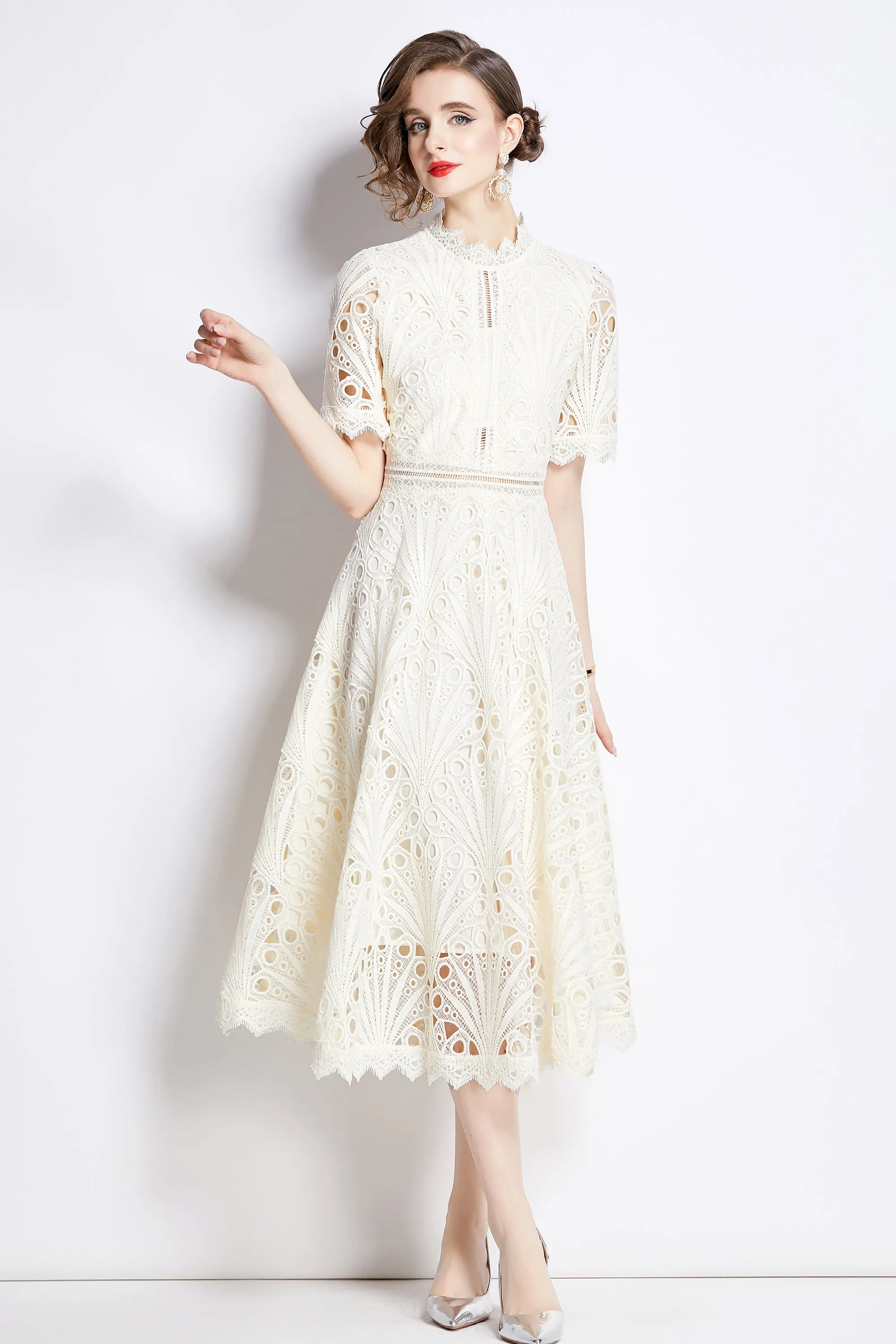 BK-Women's Floral Lace Crew Neck Crochet Waist Midi Dress