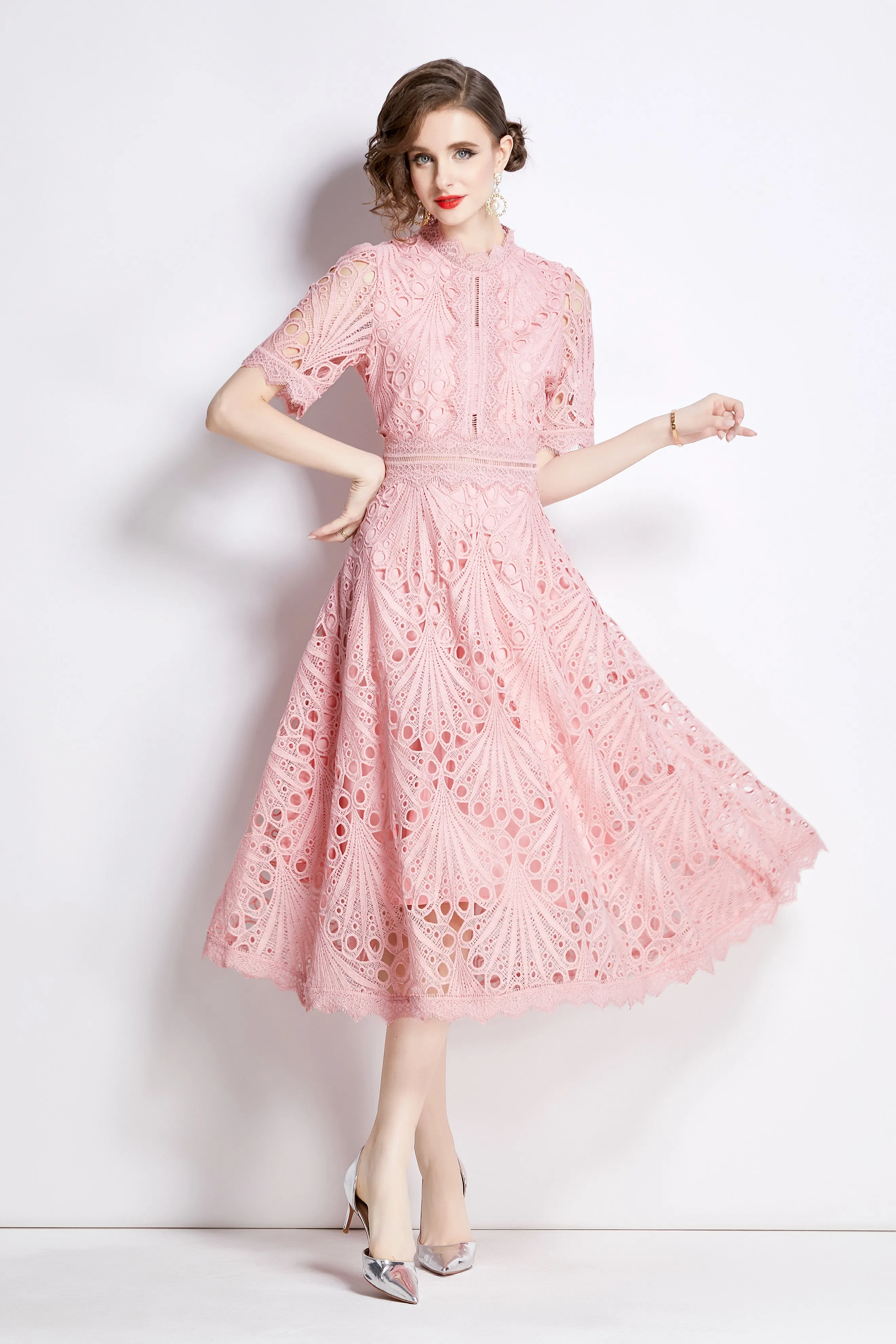 BK-Women's Floral Lace Crew Neck Crochet Waist Midi Dress