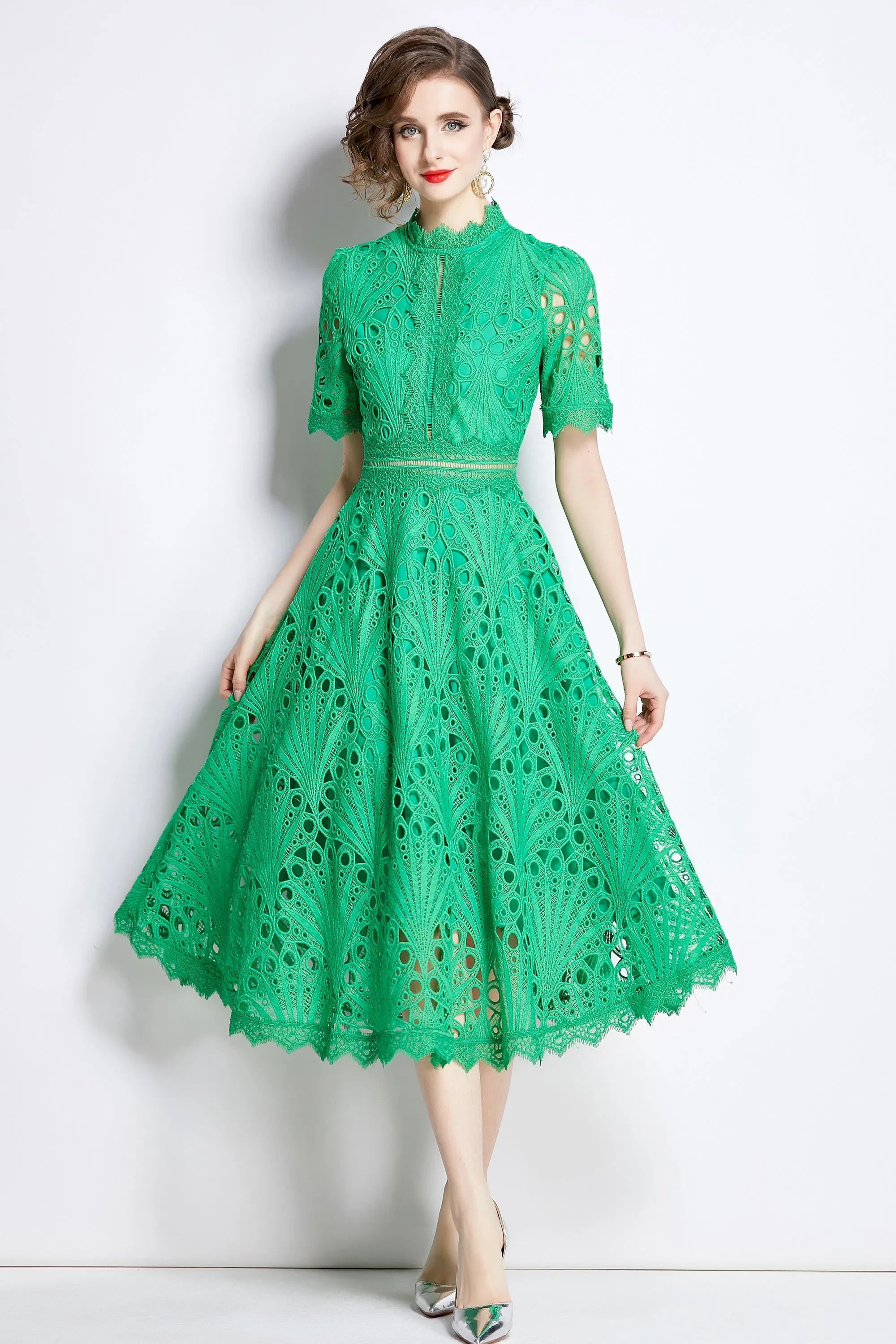 BK-Women's Floral Lace Crew Neck Crochet Waist Midi Dress