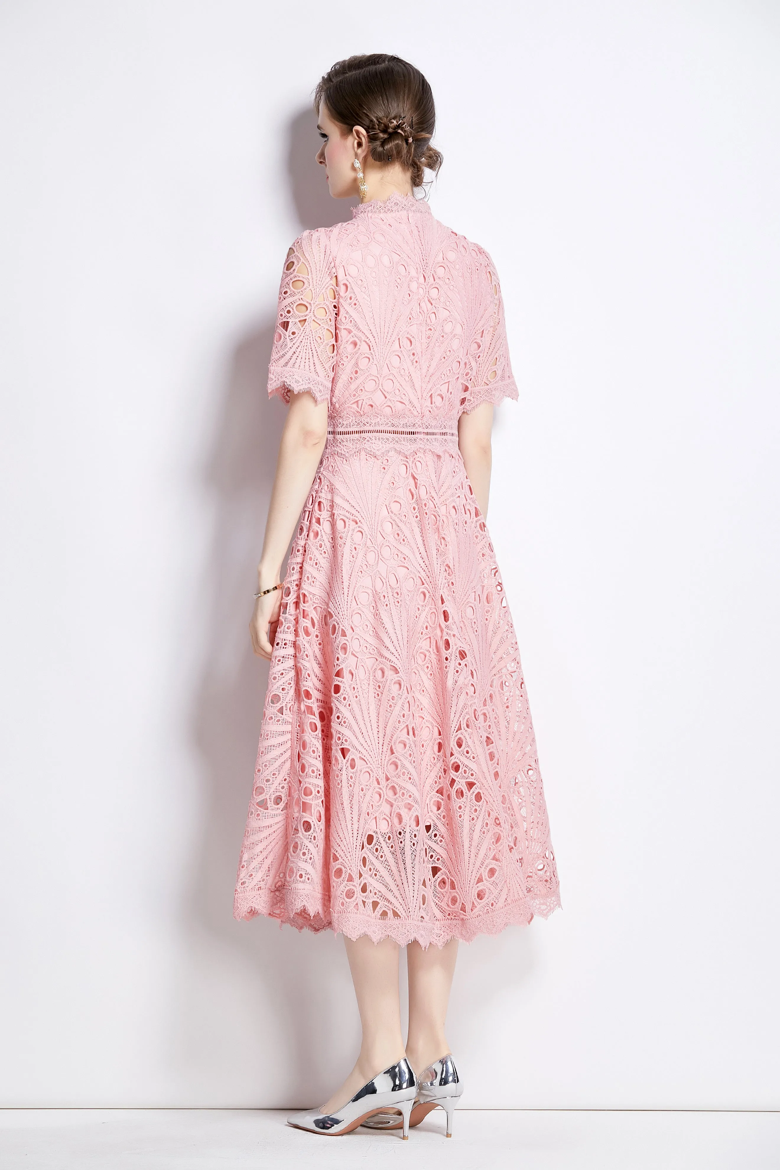 BK-Women's Floral Lace Crew Neck Crochet Waist Midi Dress