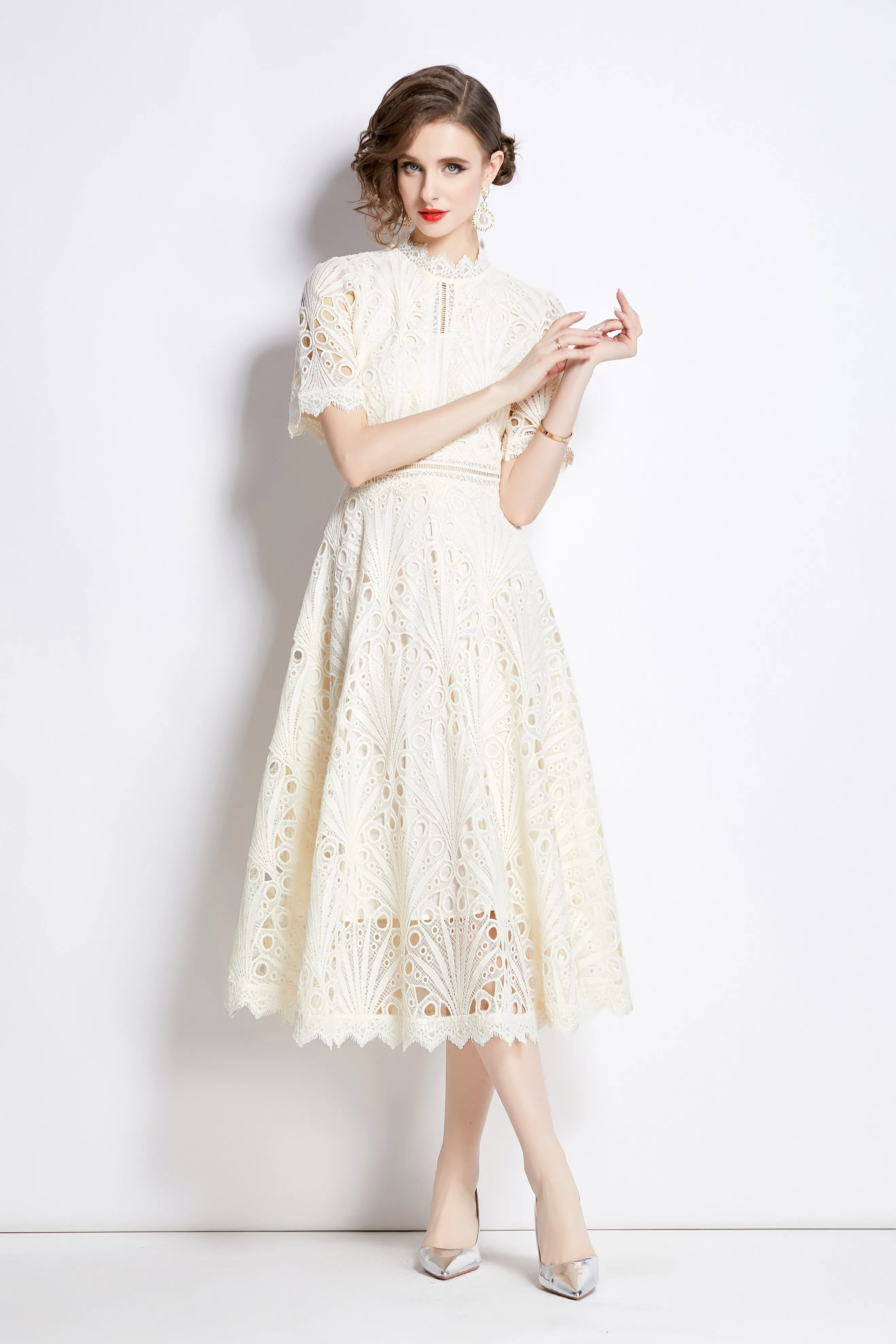 BK-Women's Floral Lace Crew Neck Crochet Waist Midi Dress