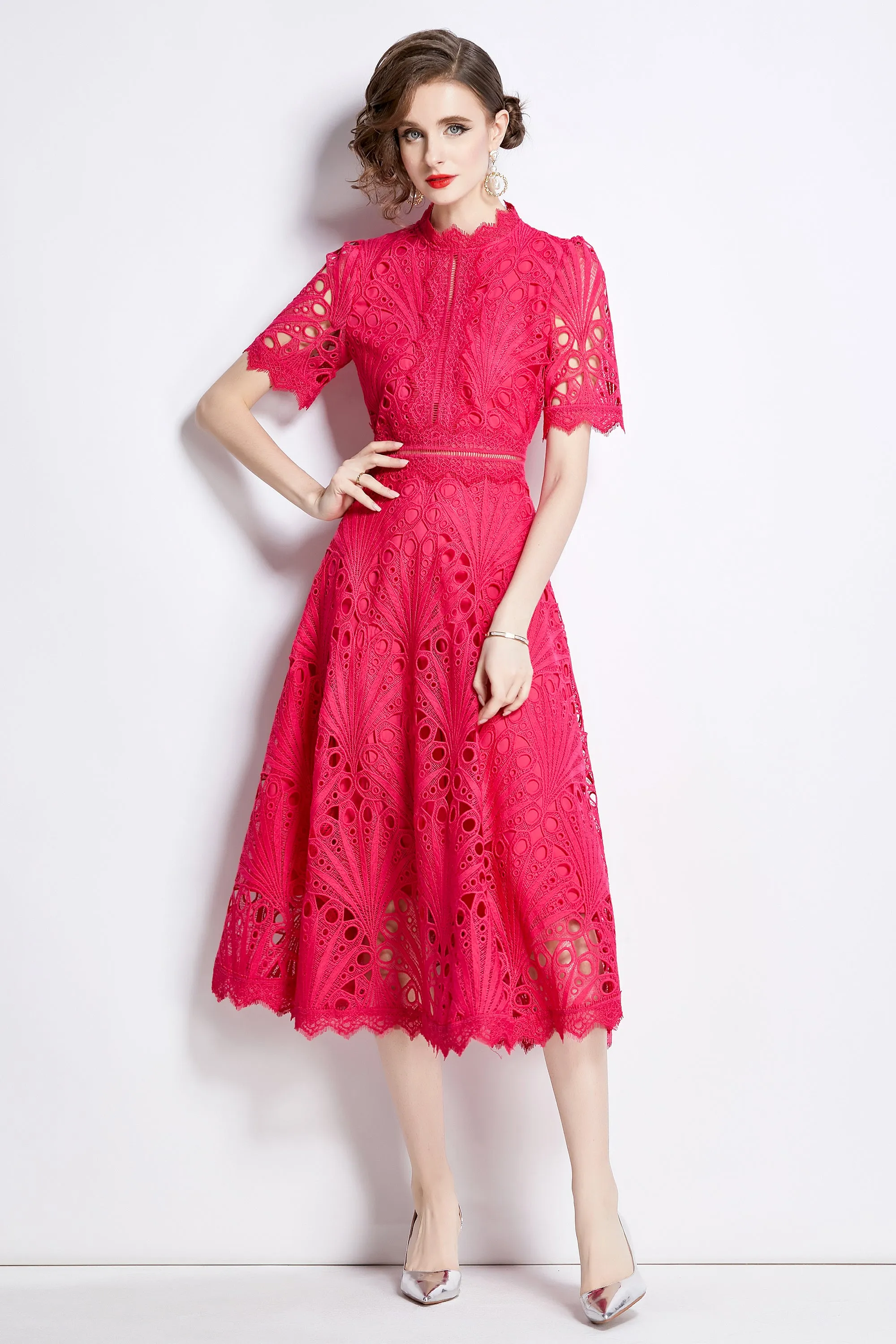 BK-Women's Floral Lace Crew Neck Crochet Waist Midi Dress