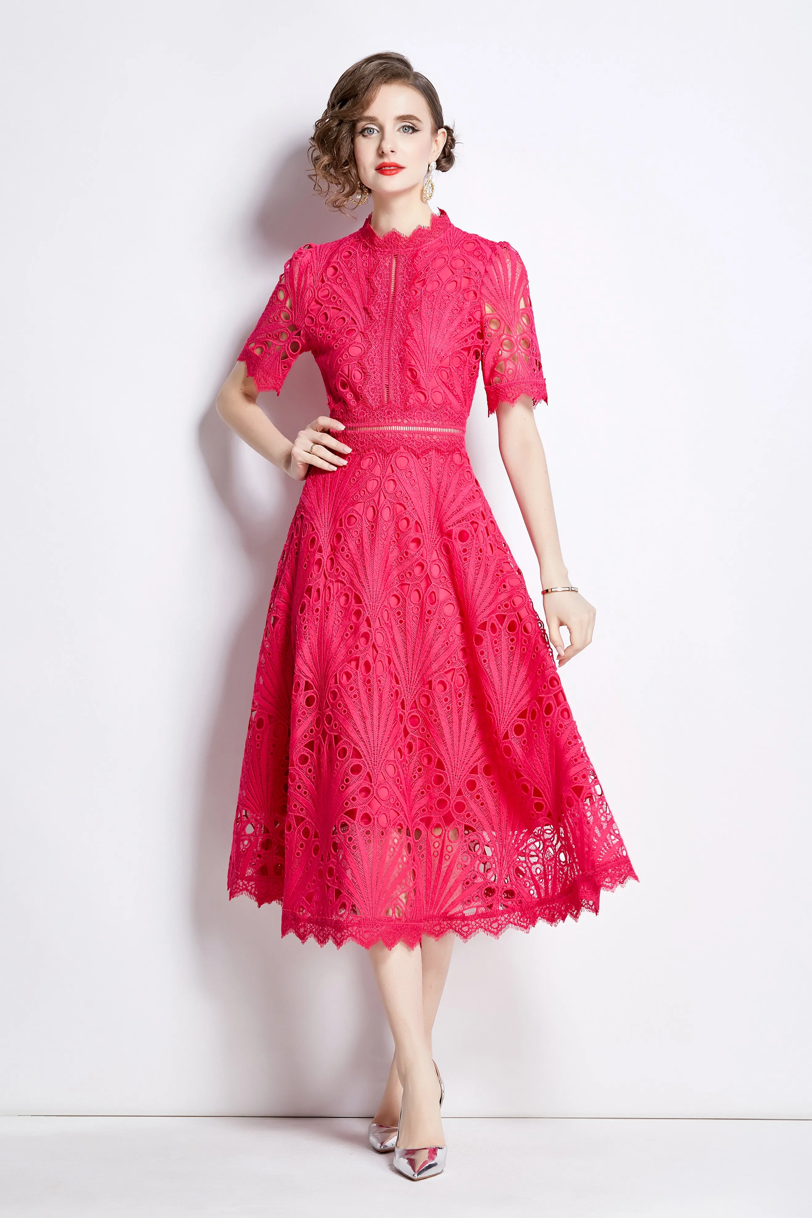 BK-Women's Floral Lace Crew Neck Crochet Waist Midi Dress