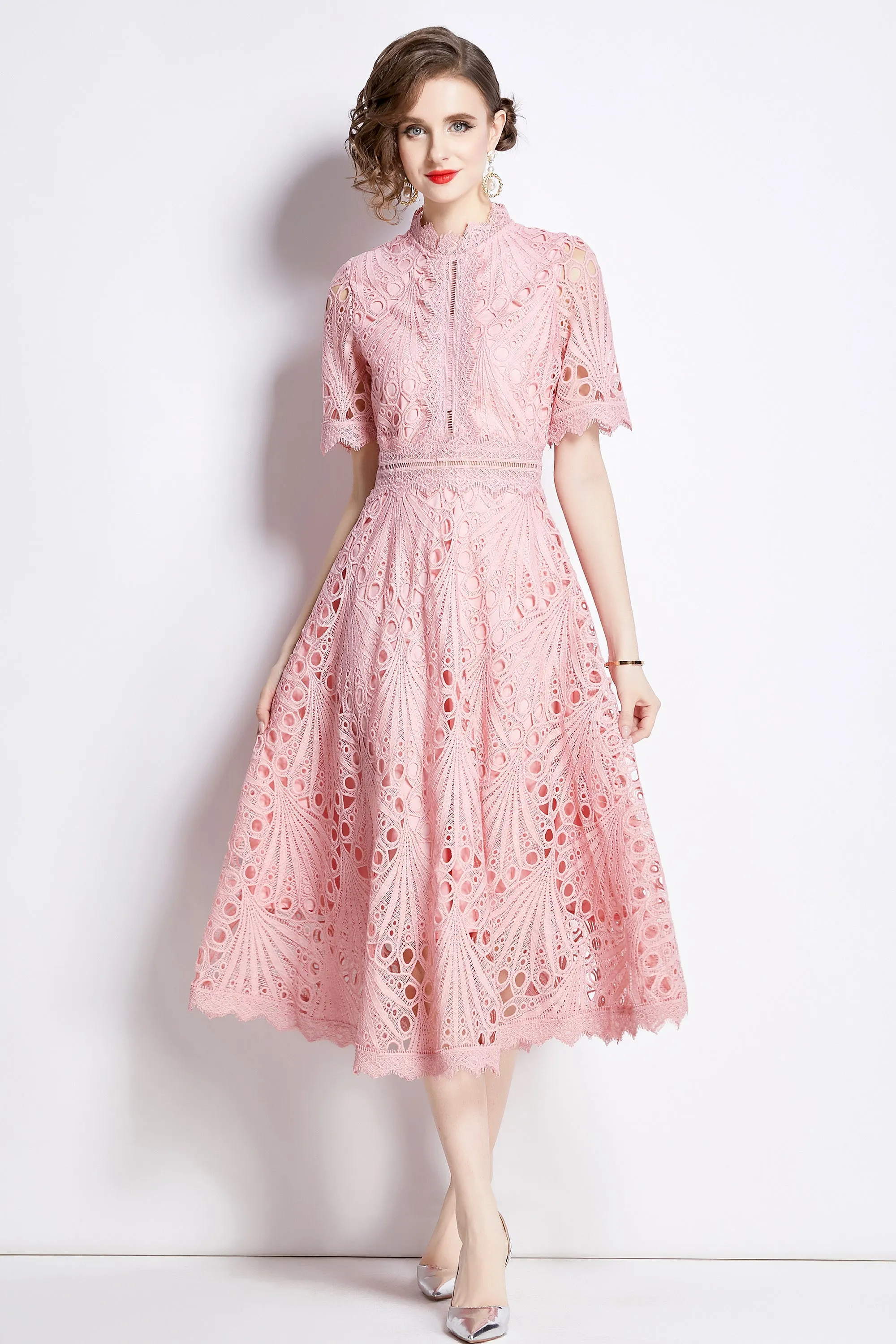 BK-Women's Floral Lace Crew Neck Crochet Waist Midi Dress