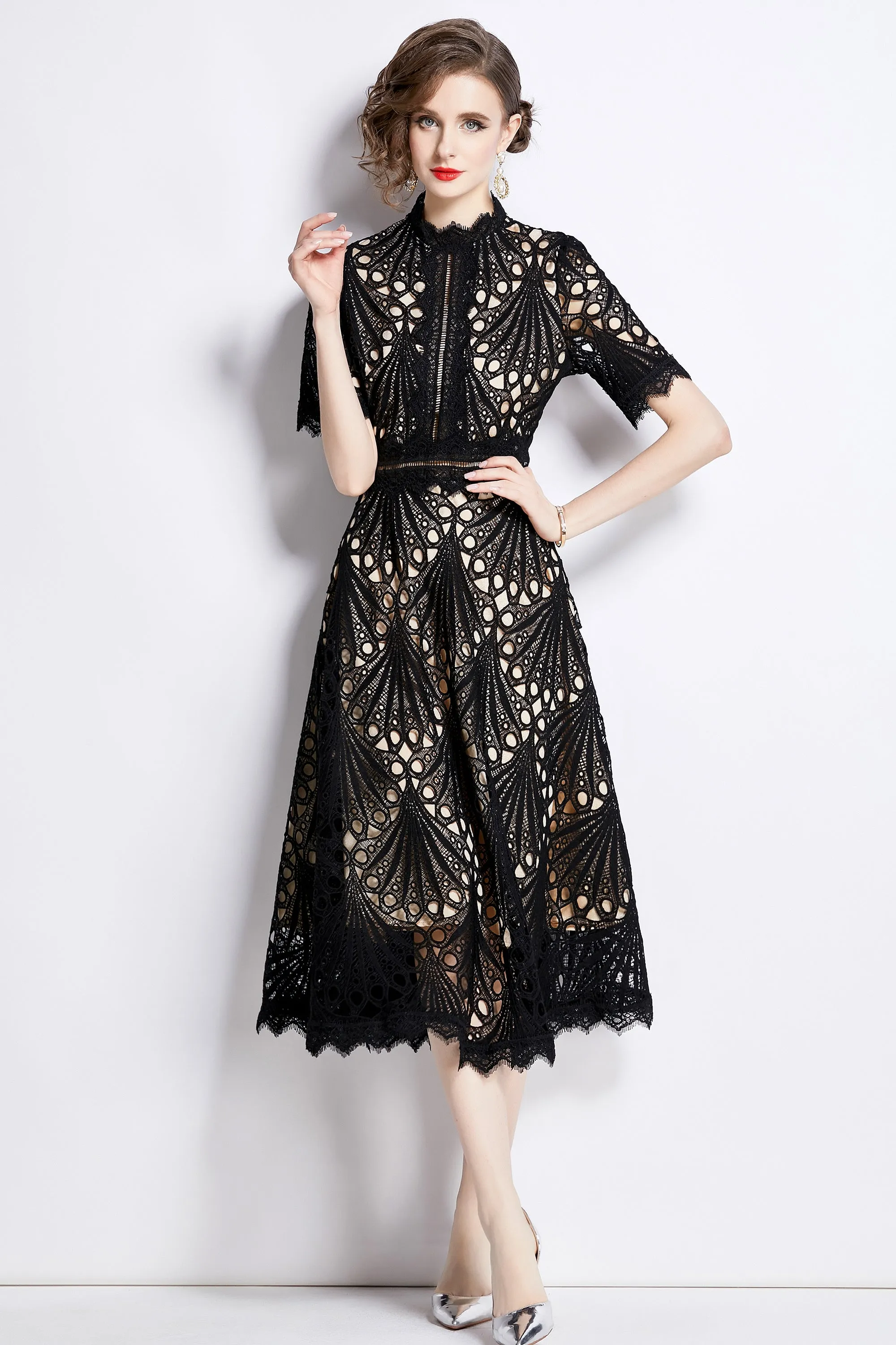 BK-Women's Floral Lace Crew Neck Crochet Waist Midi Dress