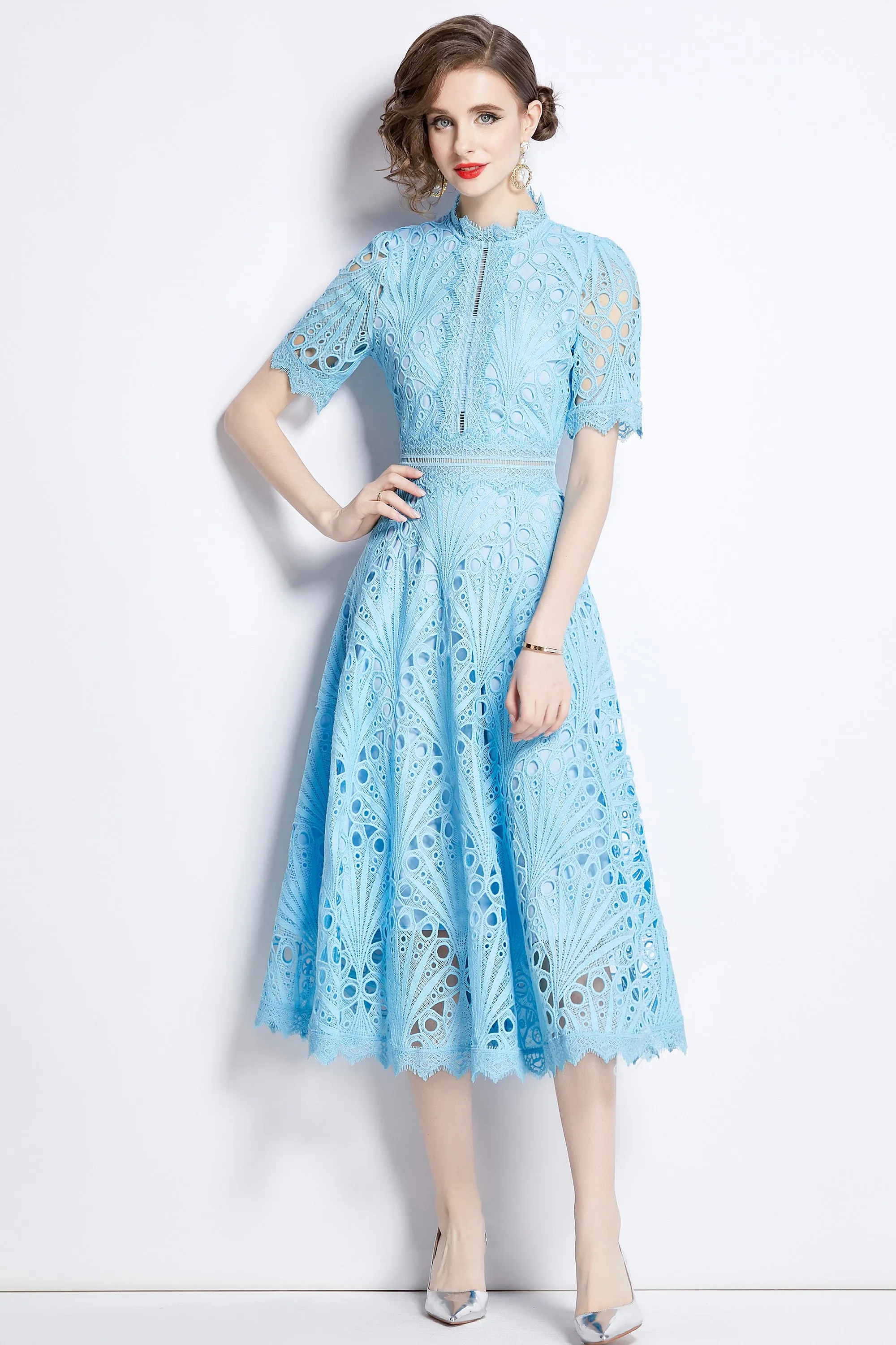 BK-Women's Floral Lace Crew Neck Crochet Waist Midi Dress