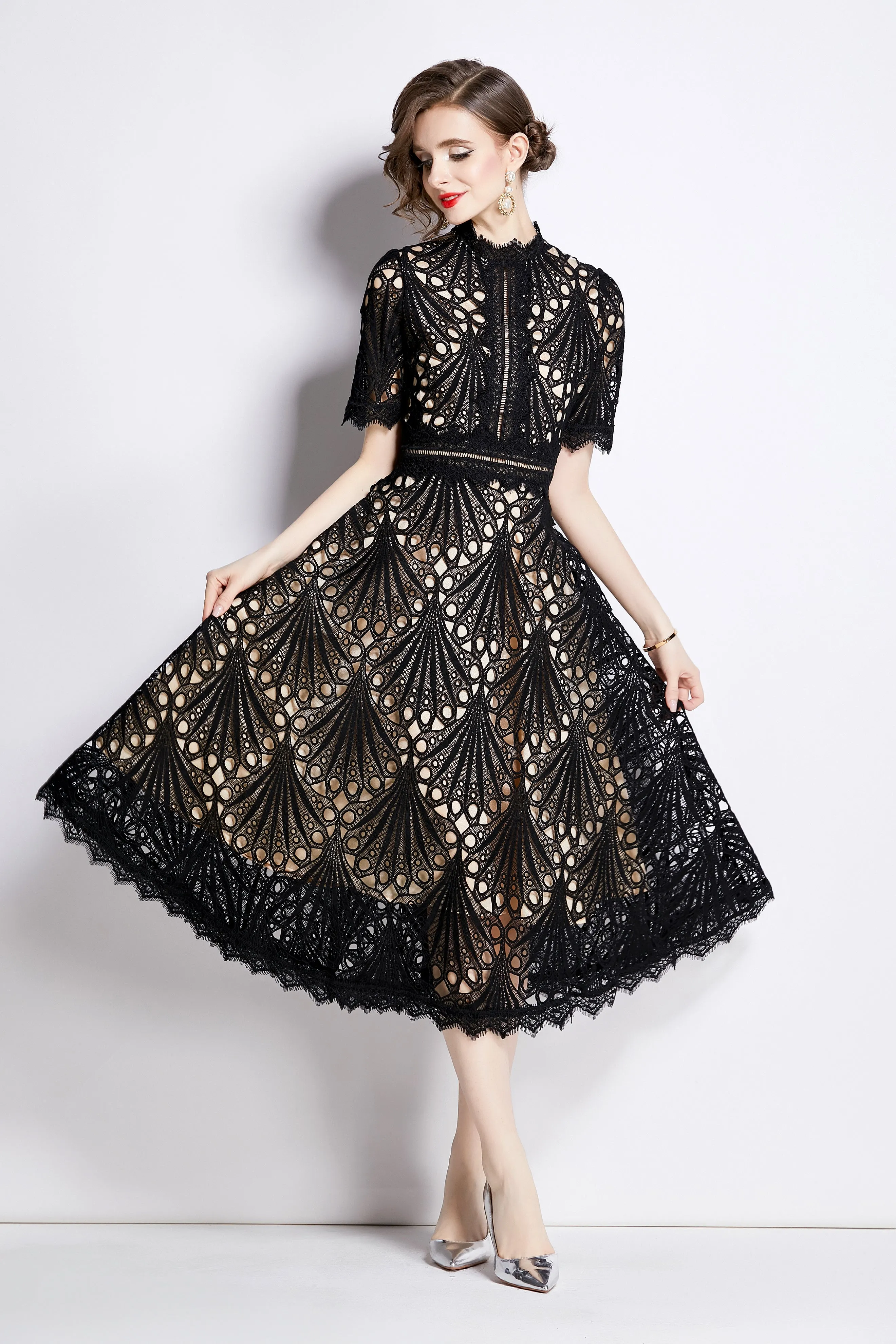 BK-Women's Floral Lace Crew Neck Crochet Waist Midi Dress