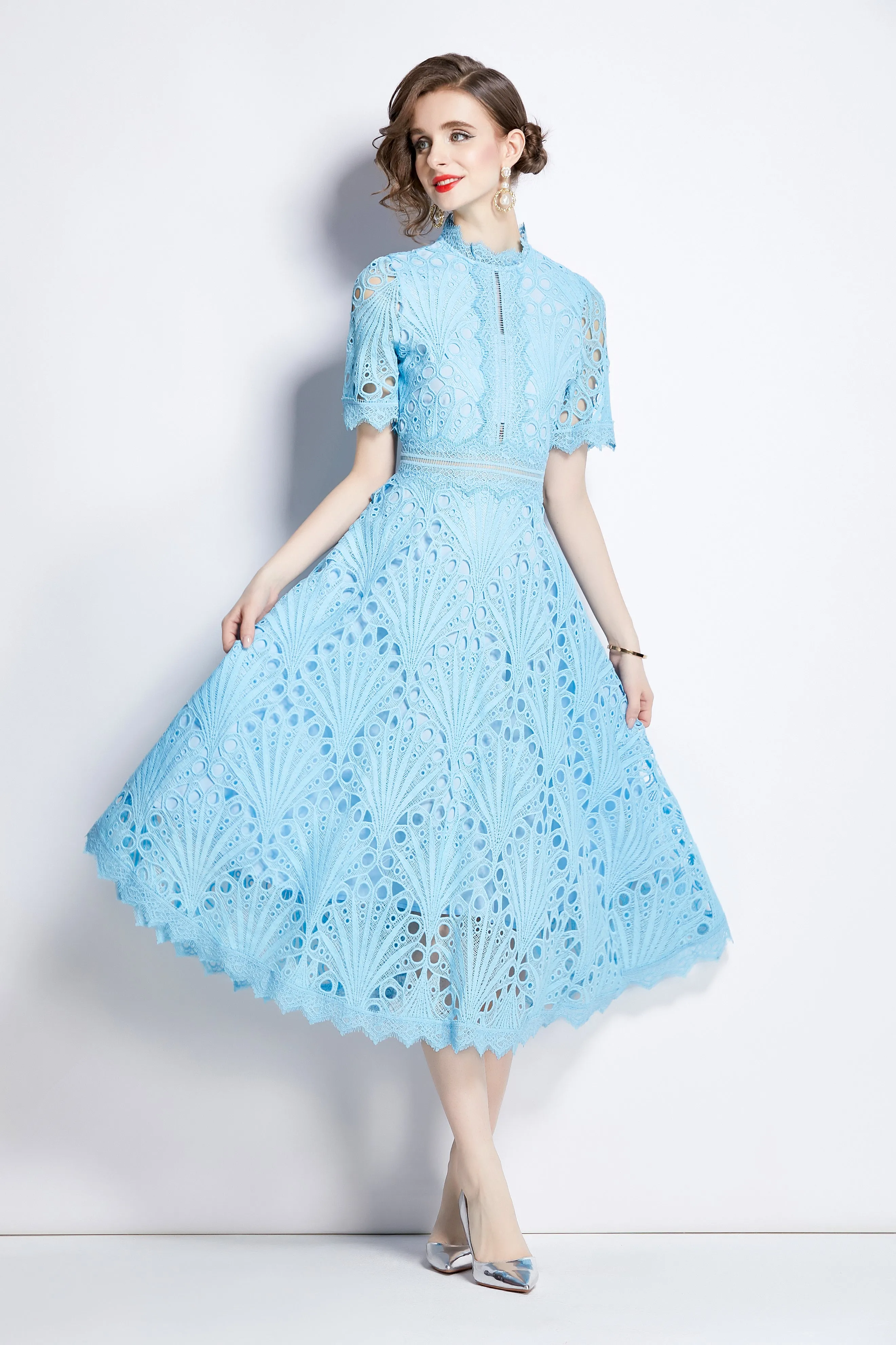 BK-Women's Floral Lace Crew Neck Crochet Waist Midi Dress