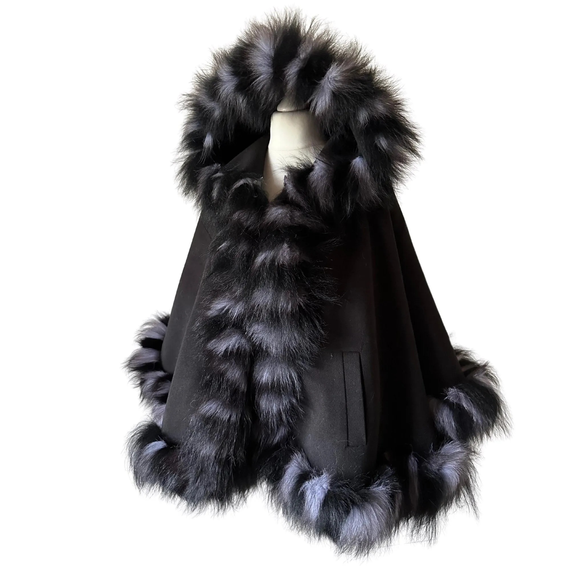 Black Belted Women Winter Coat Cape Trim Fox Fur, Winter Women's Poncho Jacket lined, Warm Women's coat with a hood