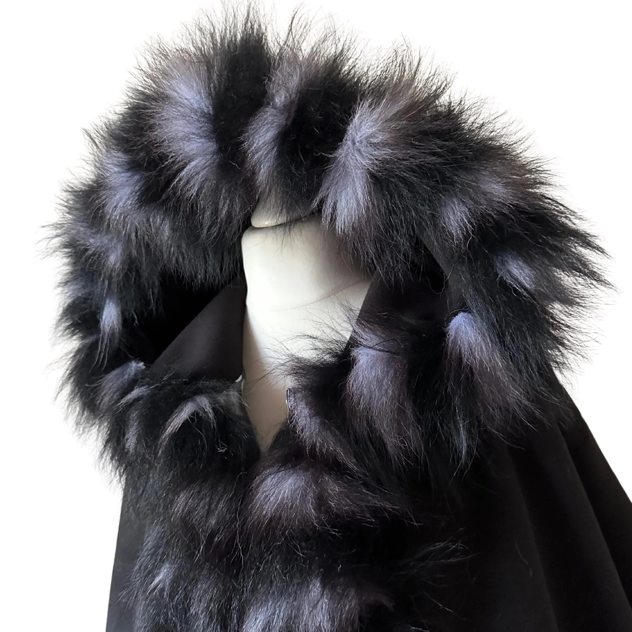 Black Belted Women Winter Coat Cape Trim Fox Fur, Winter Women's Poncho Jacket lined, Warm Women's coat with a hood