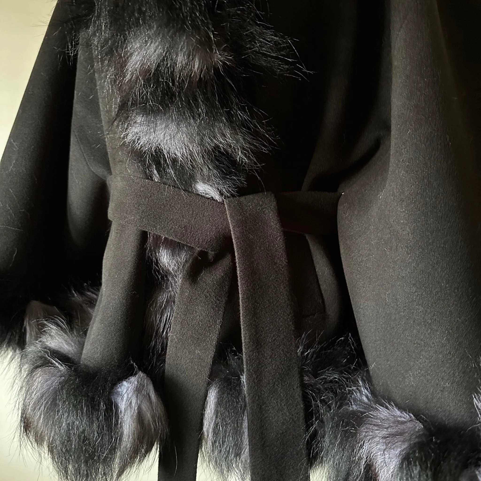 Black Belted Women Winter Coat Cape Trim Fox Fur, Winter Women's Poncho Jacket lined, Warm Women's coat with a hood