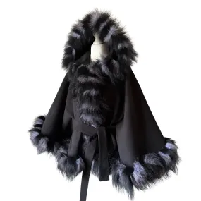 Black Belted Women Winter Coat Cape Trim Fox Fur, Winter Women's Poncho Jacket lined, Warm Women's coat with a hood