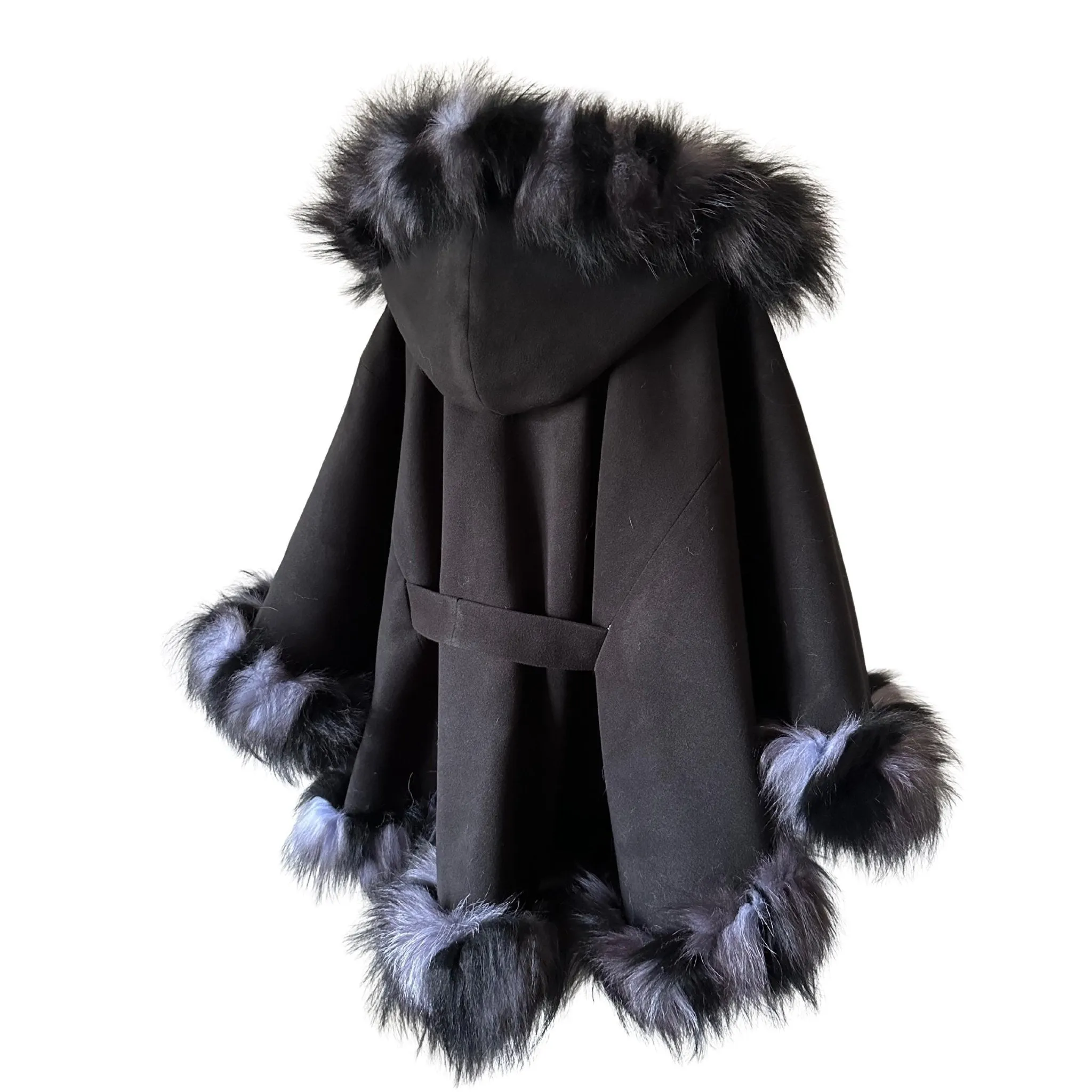 Black Belted Women Winter Coat Cape Trim Fox Fur, Winter Women's Poncho Jacket lined, Warm Women's coat with a hood