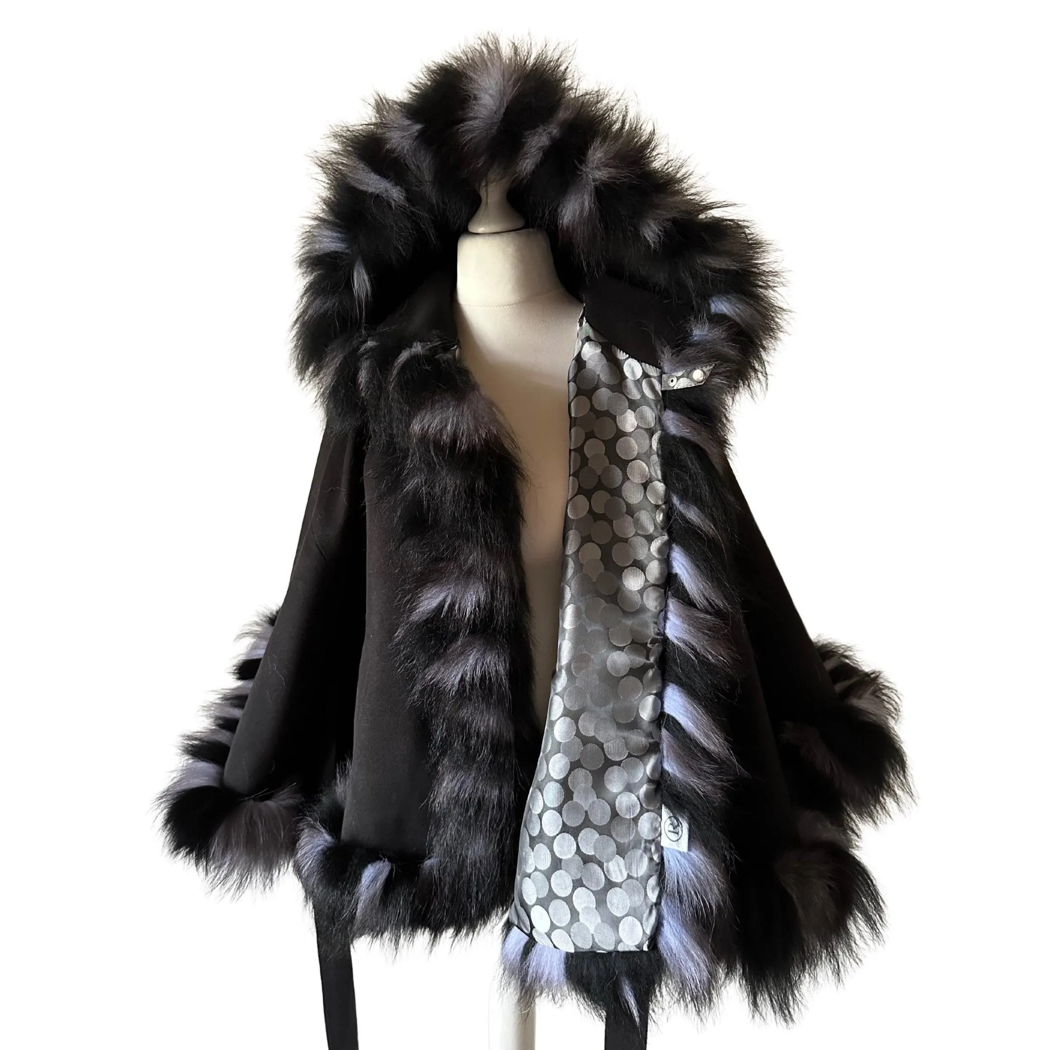 Black Belted Women Winter Coat Cape Trim Fox Fur, Winter Women's Poncho Jacket lined, Warm Women's coat with a hood
