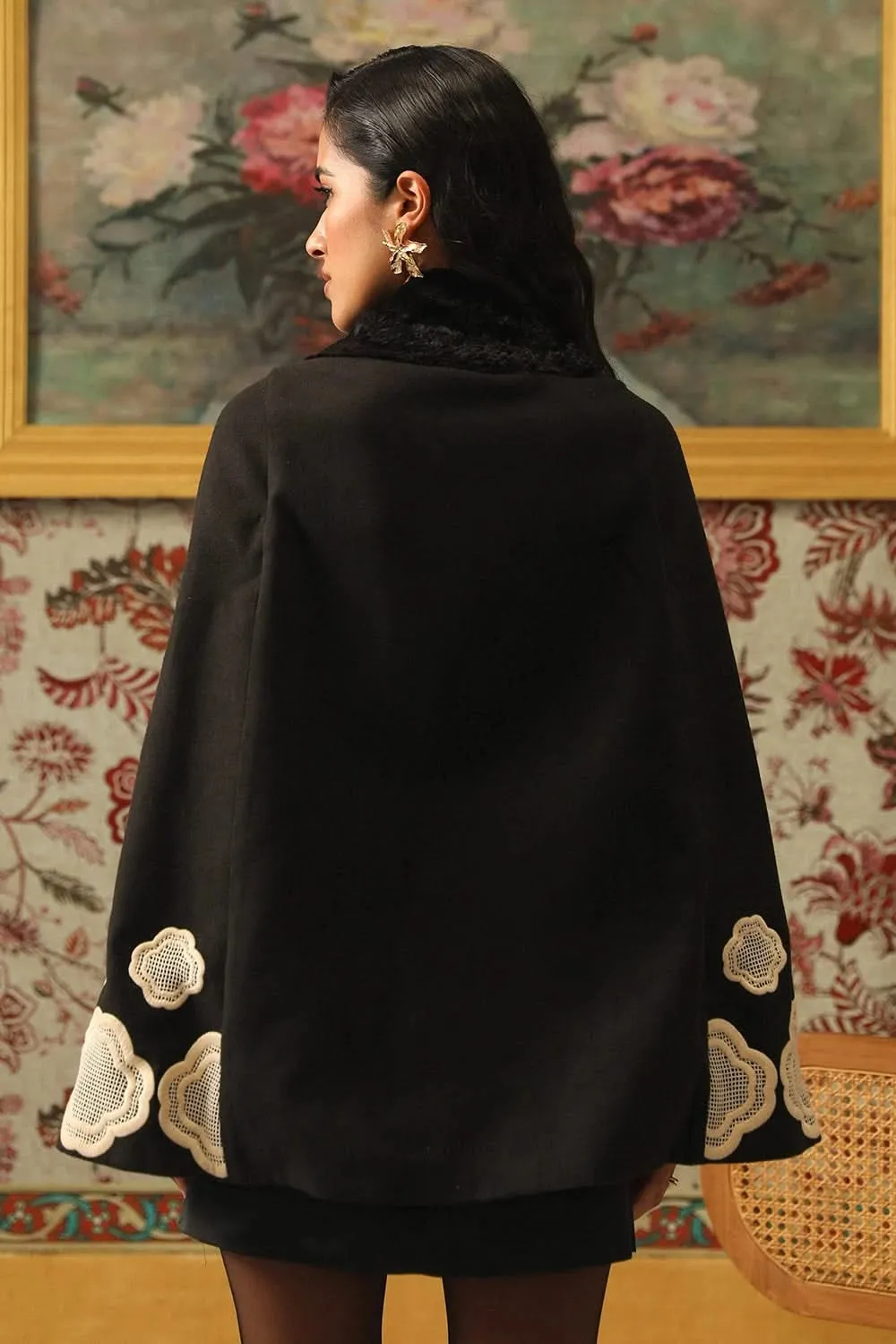 Black Boho Exclusive Honeycomb Embroidered Cape Coat