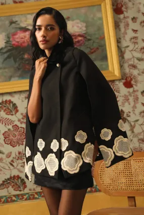 Black Boho Exclusive Honeycomb Embroidered Cape Coat