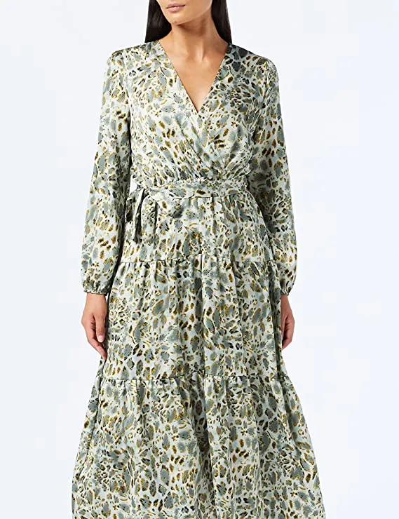 Black Leopard Boho Print Maxi Dress Ruffle Long Sleeve Wrap V Neck Casual A Line Flowy Party Long Dress with Belt - Find