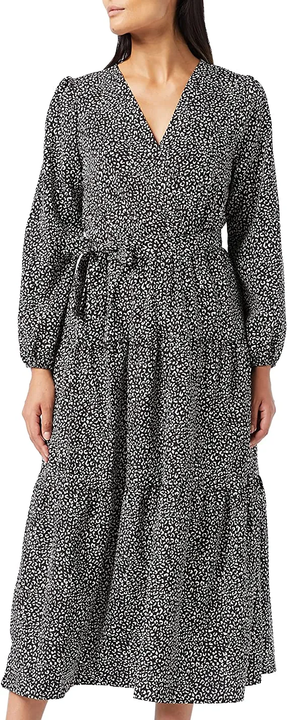 Black Leopard Boho Print Maxi Dress Ruffle Long Sleeve Wrap V Neck Casual A Line Flowy Party Long Dress with Belt - Find