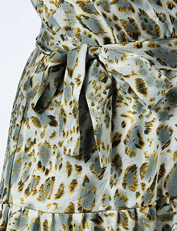 Black Leopard Boho Print Maxi Dress Ruffle Long Sleeve Wrap V Neck Casual A Line Flowy Party Long Dress with Belt - Find