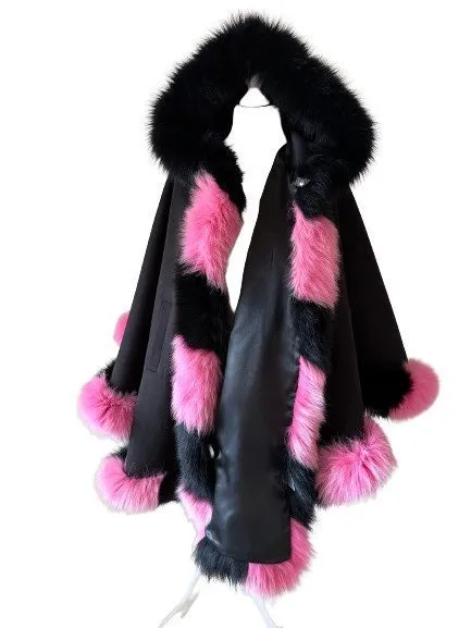Black Pink Women Winter Coat Cape Trim Fox Fur, Winter Women's Poncho Jacket lined, Warm Women's coat with a hood