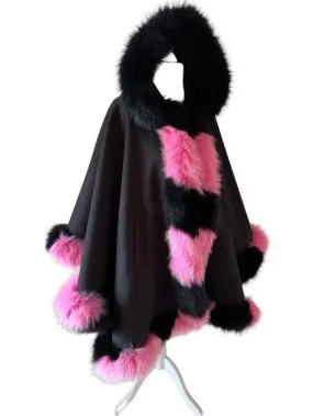 Black Pink Women Winter Coat Cape Trim Fox Fur, Winter Women's Poncho Jacket lined, Warm Women's coat with a hood