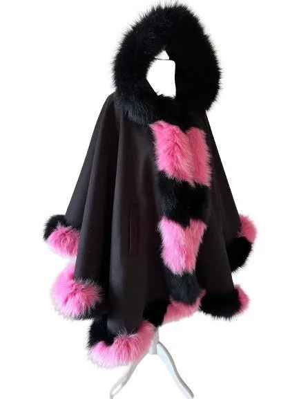 Black Pink Women Winter Coat Cape Trim Fox Fur, Winter Women's Poncho Jacket lined, Warm Women's coat with a hood