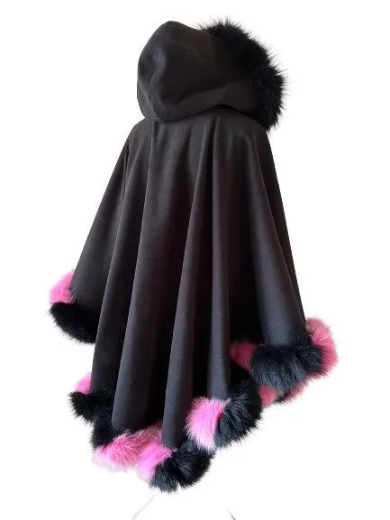 Black Pink Women Winter Coat Cape Trim Fox Fur, Winter Women's Poncho Jacket lined, Warm Women's coat with a hood