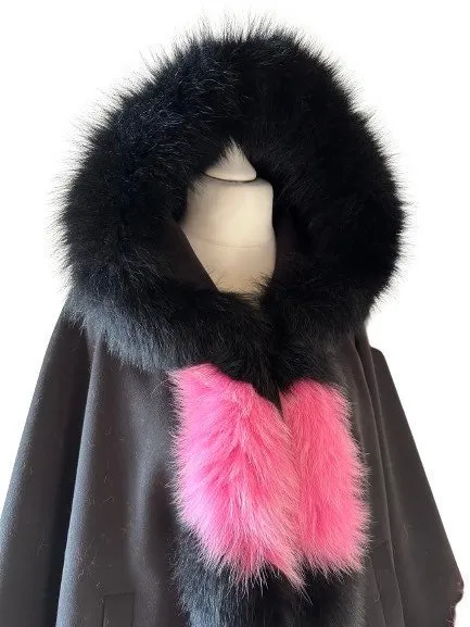 Black Pink Women Winter Coat Cape Trim Fox Fur, Winter Women's Poncho Jacket lined, Warm Women's coat with a hood