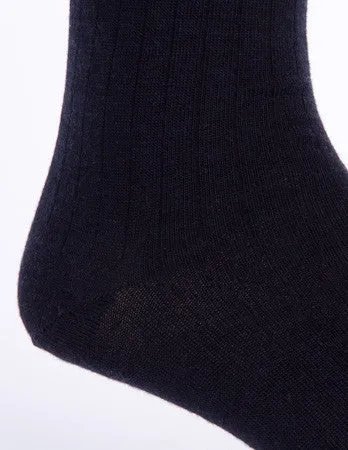 Black Ribbed Sock Fine Merino Wool Linked Toe Mid-Calf