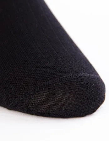 Black Ribbed Sock Fine Merino Wool Linked Toe Mid-Calf