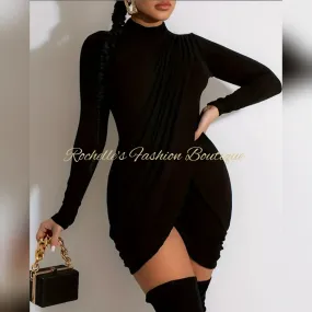 Black Solid Mock Neck Wrap Dress