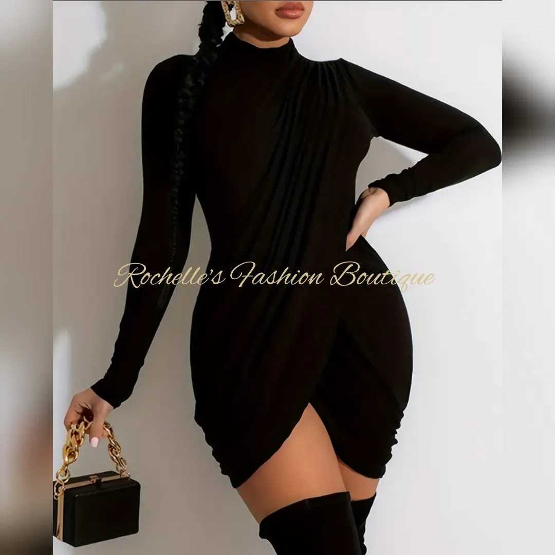Black Solid Mock Neck Wrap Dress
